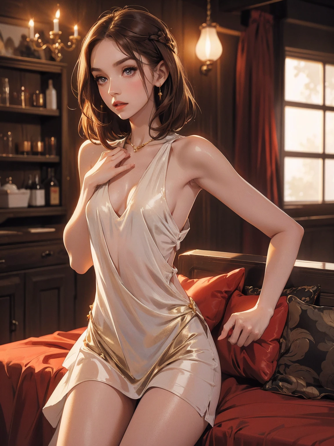 one beautiful 18 year old girl, detailed beautiful hair, detailed beautiful eyes, small breasts, long brown hair, nude, naked, pubic hair, choker collar, bracelets, Victorian mansion, candles, gloomy, sitting, legs apart, dungeon, dramatic lighting, cinematic lighting, Rembrandt lighting