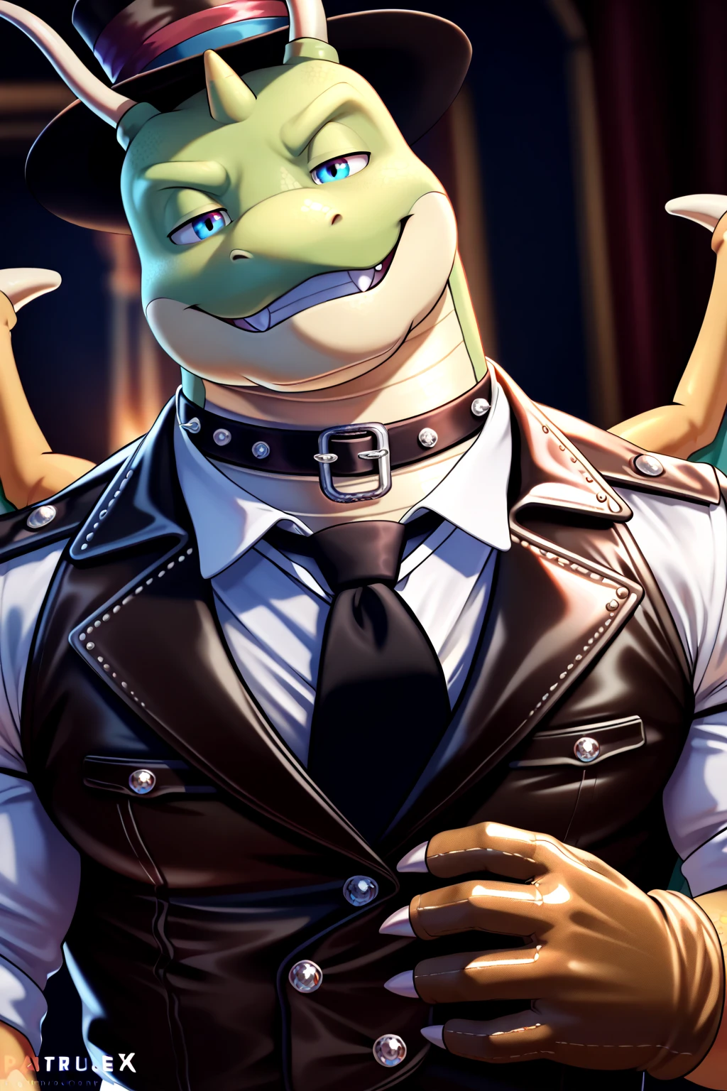 Highest quality、Sexy  Lizardman、Skimpy、Pink eyes without highlights、Lizard head、male、Sweat、Embarrassing、Gay、Nightclub、cute、Obscene language、tongue、bow tie、military cap、Get a tip、Belly button military uniform、navy、Completely naked、Transparent fabric、White mucus drips down from above、Blushing、Deep Throat、salute