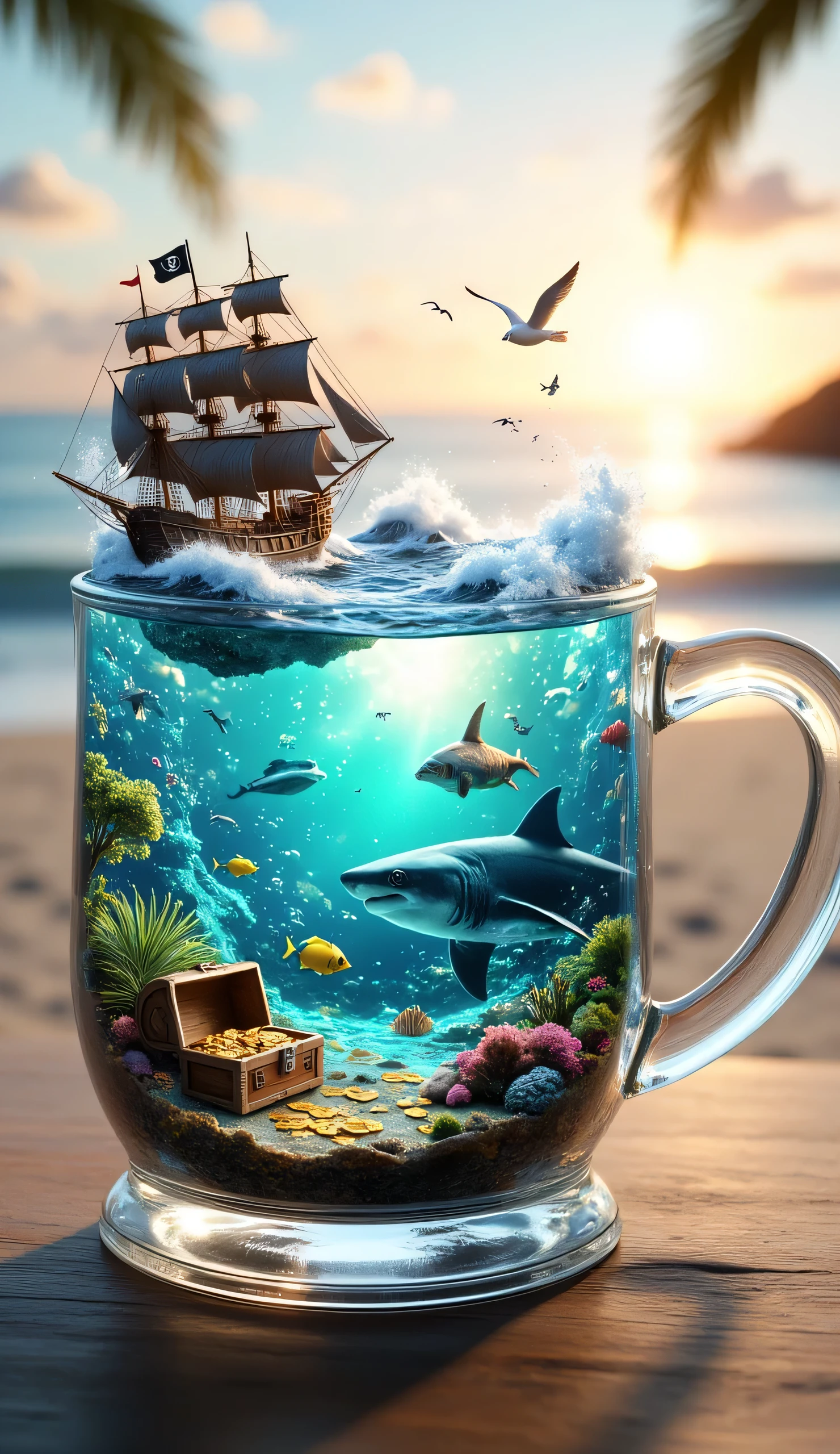 A hyper-realistic, highly detailed scene of a vintage-style transparent glass mug with exquisite craftsmanship and delicate etchings on its surface. The mug is filled with a dynamic ocean world, creating an enchanting microcosm of marine life and treasures.
Inside the mug:
A vibrant underwater scene where sunlight filters through the water surface, creating dancing light patterns on the ocean floor
Colorful fish of various shapes and sizes gracefully swimming in different directions
A serene sea turtle slowly gliding through the water
A majestic shark patrolling in the background
On the ocean floor, an open treasure chest spilling gold coins and gemstones, surrounded by coral and sea plants
Tiny bubbles rising from the ocean floor towards the surface
On the water surface:
A miniature vintage pirate ship with:
Tattered black sails showing intricate texture and wear
Detailed rigging and ropes with realistic fraying
Small cannons visible along the sides with exquisite detail
Weathered wooden deck with authentic texture
Flying pirate flag with skull and crossbones fluttering realistically
Realistic ocean waves breaking over the edge of the mug and splashing against the ship's hull
Dynamic water movement showing spray and foam around the ship
Seagulls flying above the ship, casting subtle reflections on the water surface
The mug's features:
Crystal-clear glass allowing perfect visibility of the underwater scene
Delicate hand-etched maritime motifs around the mug's exterior with intricate details
Subtle imperfections and wear marks giving it a genuine vintage appearance
Thin, elegant handle with a slightly curved shape and fine detailing
Background:
Softly blurred tropical horizon where the ocean meets the sky
Pastel gradient transitioning from warm golden sky to deep turquoise sea
Faint outlines of clouds and distant waves creating depth
Slightly hazy effect enhancing the dreamlike atmosphere
Lighting:
Natural daylight filtering through the mug's edges with precise