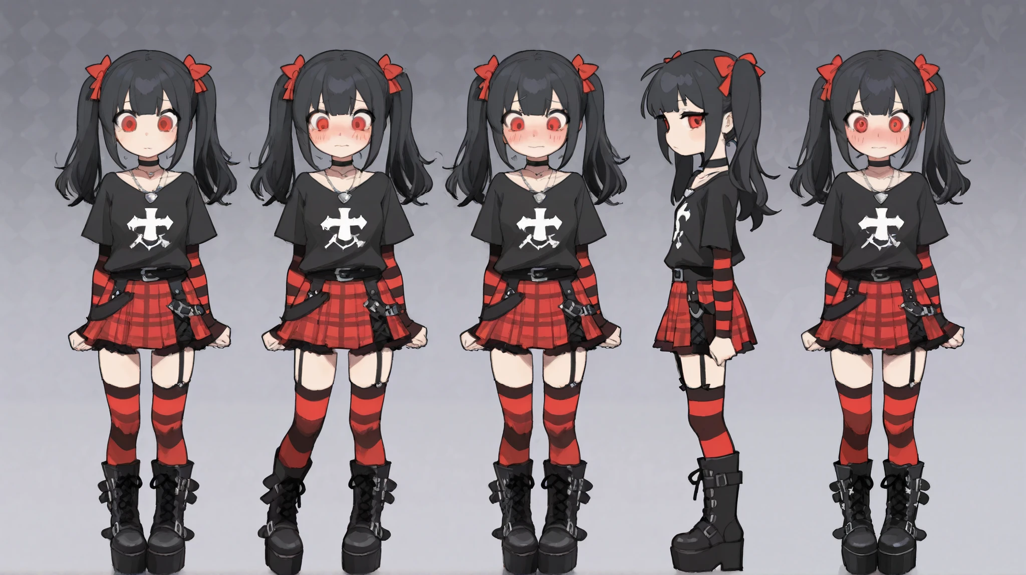 1 girl、 full body standing picture 、 black hair 、 long hair and twin tails。silver necklace。black choker。 bangs are straight 。Red eyes、 sagitales、black t-shirt with white cross pattern、 red and black plaid mini skirt、Has red and black striped arm covers。red and black horizontal striped knee-high socks。 Garter Belt on Thighs。black platform boots 。There are many。They tend to look down when they seem bearish、troubled expression。Embarrassed、multiple people、 variations。deformed。