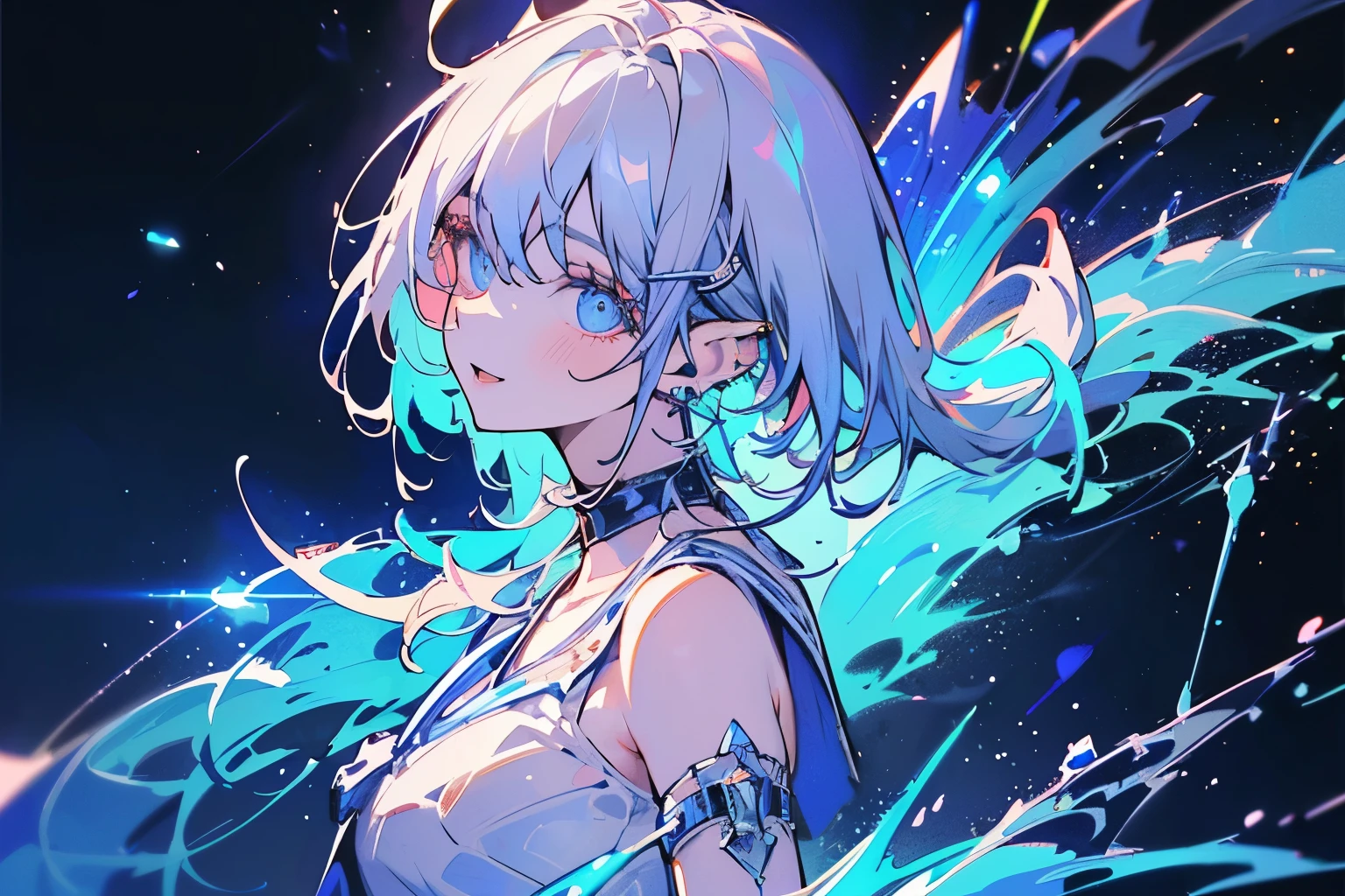 tongue，Gal，Earrings,Luminous tattoo,Blue Hair,blue eyes,The background is glowing