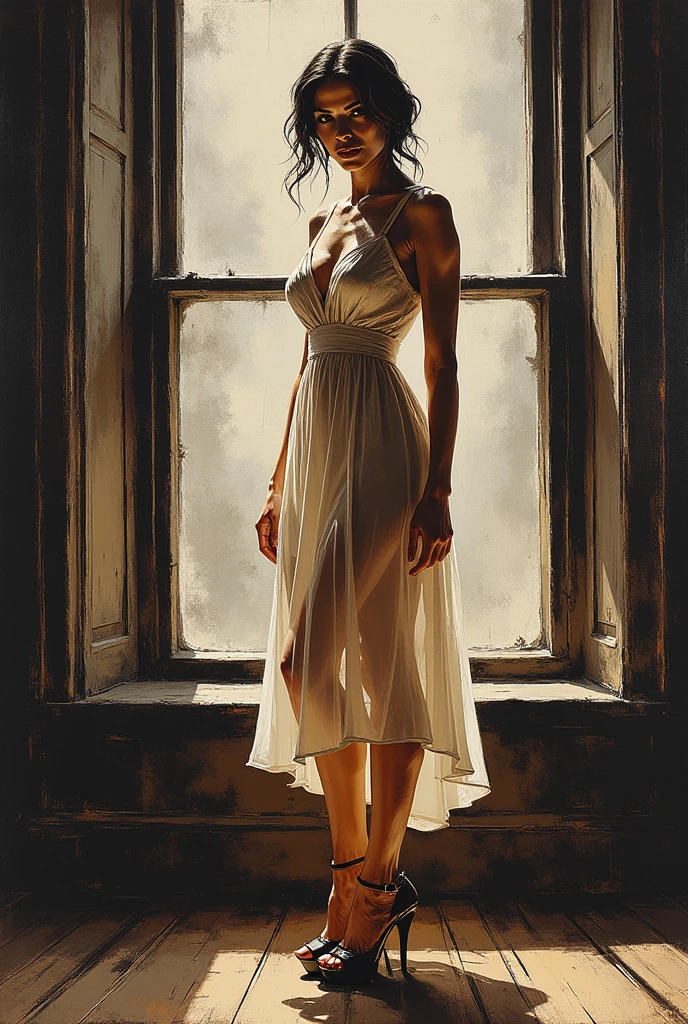Impresionist primitive Oil painting. A low angle, floor level view of an beautyfull elegant 30 year old european womenstanding near the window above the viewer, platform heels filling up the foreground. She is looking down at the viewer with an alluring smile, exuding confidence and superiority. She wears a minimalistic yet very elegant ????????????????? and platform heels. Indoor setting. Fisheye lens, dramatic, cinematic, painting, brush marks,  best quality, ultra sharp image, 4k. The dress is semi-transparent.