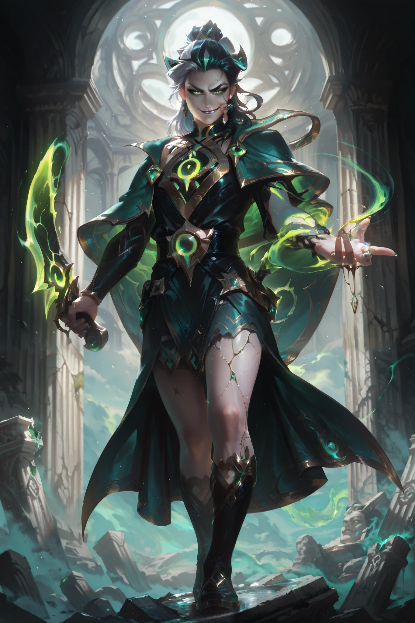(masterpiece, best quality, 8k, hyper-detailed, photorealistic, dynamic lighting, vivid colors, 1man, Loki, pale skin, long slick black hair, cunning green eyes, wearing tattered green cloak with gold trim, black leather tunic with silver runes, holding a glowing trickster dagger, standing in swirling mist, ancient Nordic ruins with cracked runes backdrop, mischievous smirk, dynamic pose with one hand outstretched, Wide Shot (WS))