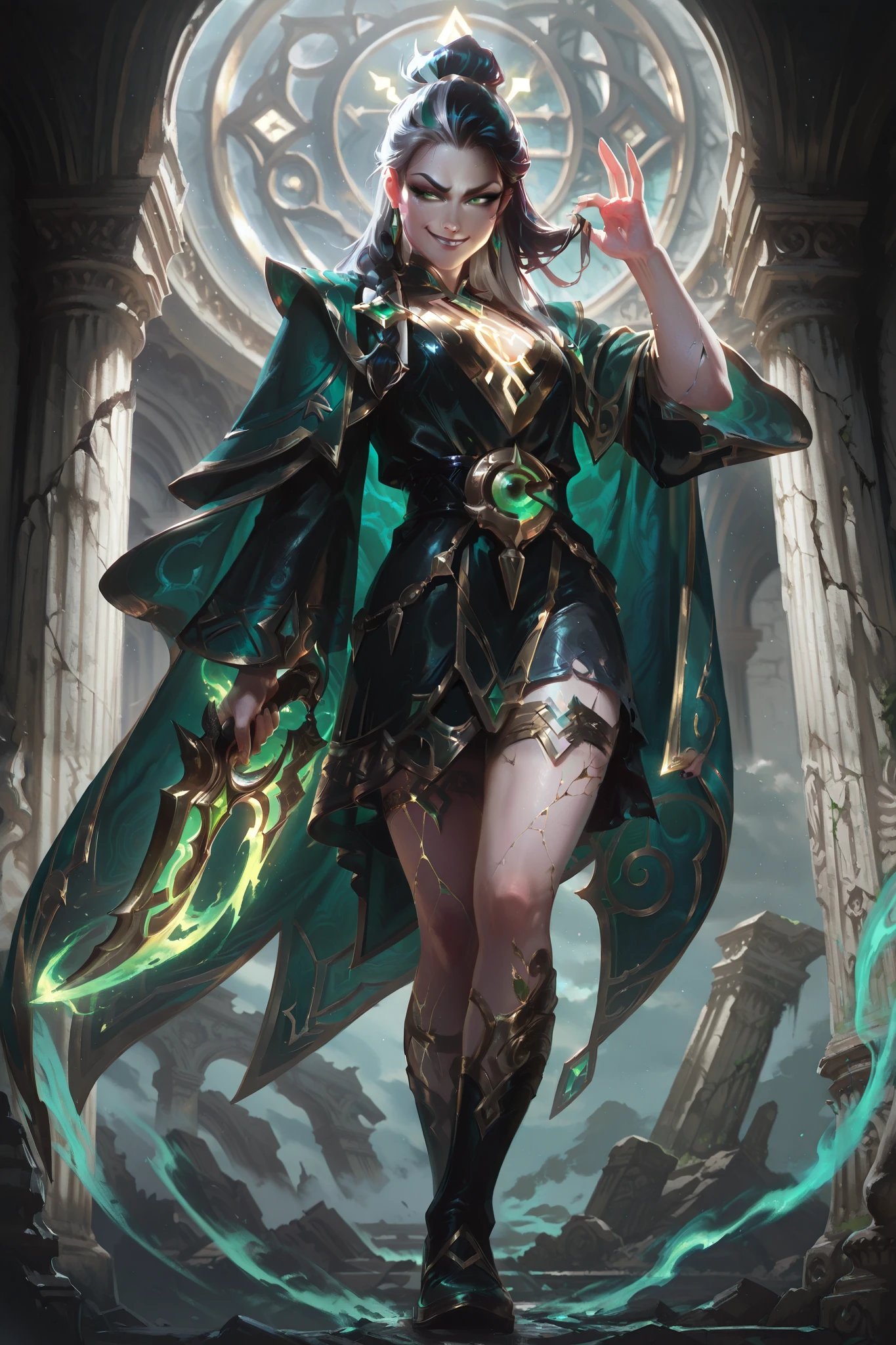 (masterpiece, best quality, 8k, hyper-detailed, photorealistic, dynamic lighting, vivid colors, 1man, Loki, pale skin, long slick black hair, cunning green eyes, wearing tattered green cloak with gold trim, black leather tunic with silver runes, holding a glowing trickster dagger, standing in swirling mist, ancient Nordic ruins with cracked runes backdrop, mischievous smirk, dynamic pose with one hand outstretched, Wide Shot (WS))