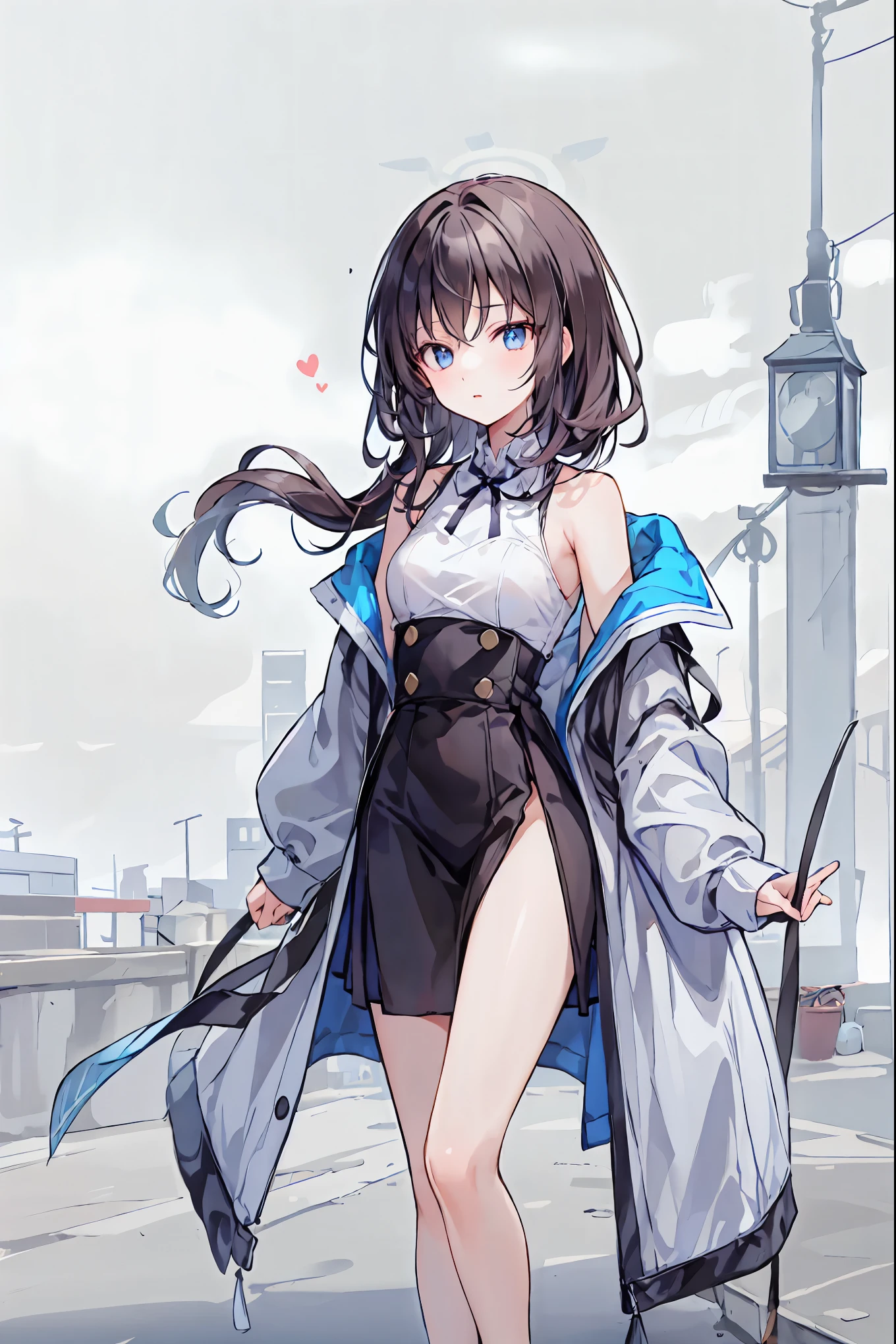  lovey-dovey 、 flirting、、Romantic comedy、Oxytocin、carp、 Sango as a Girl、 Kindness 、caress、 floating heart 、heart in the eye、 Hair，shortcuts， unkempt hair with an opening，Short braided hair，Neat， slender beautiful woman， correct posture，Small chest，beautiful legs，enchanting gray-blue eyes shine like stars，droopy eyes，bright colors,beautiful eyes,A delicate smile,Textured Skin, Best Quality at its Best , gentle and beautiful woman , anime style､