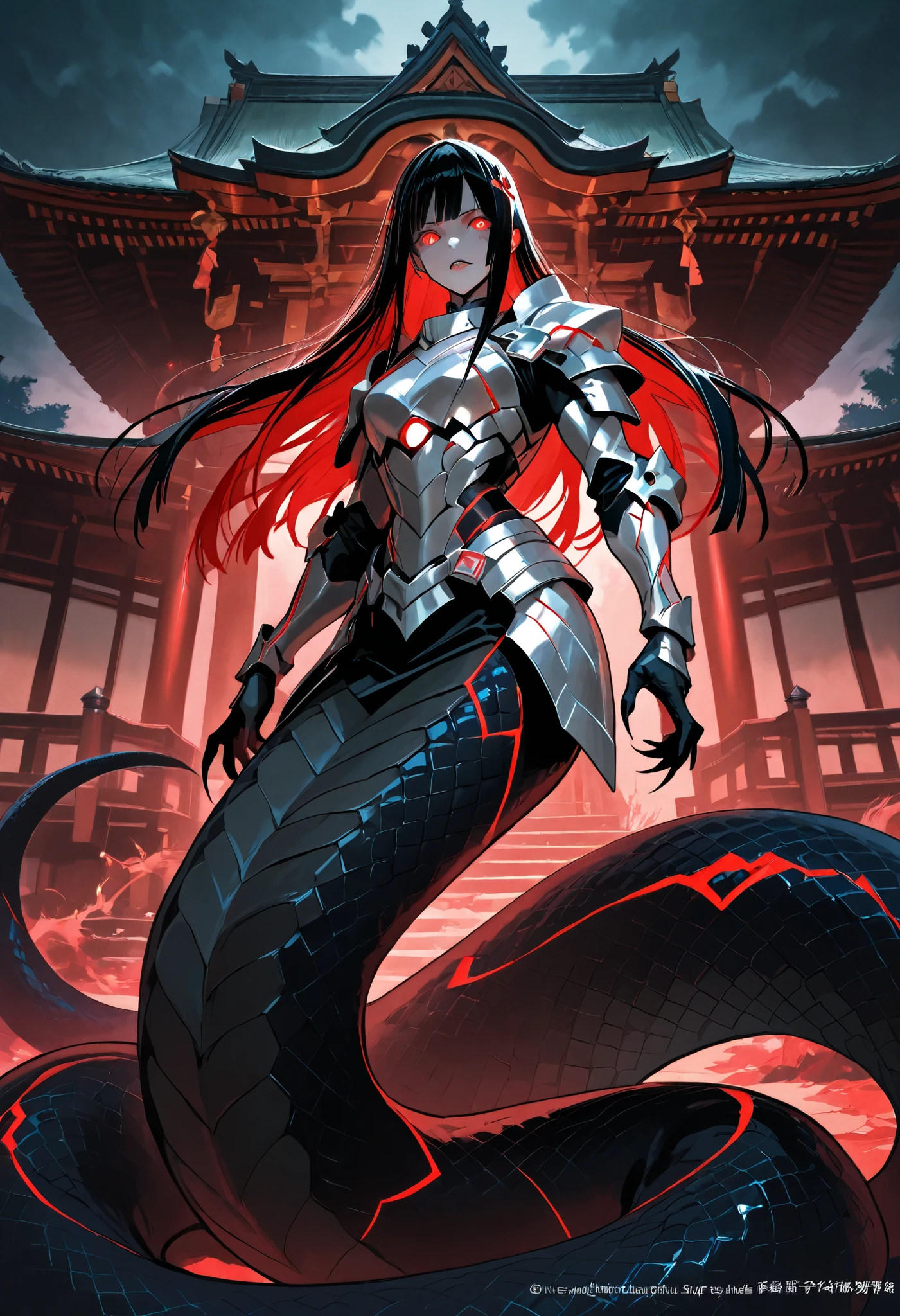 Lamia-style girl. Black snake body. Black straight hair. Light armor. Spiky. Red glowing lines. Sharp claws. Glowing eyes. Cat pupils. Japanese-style architecture.