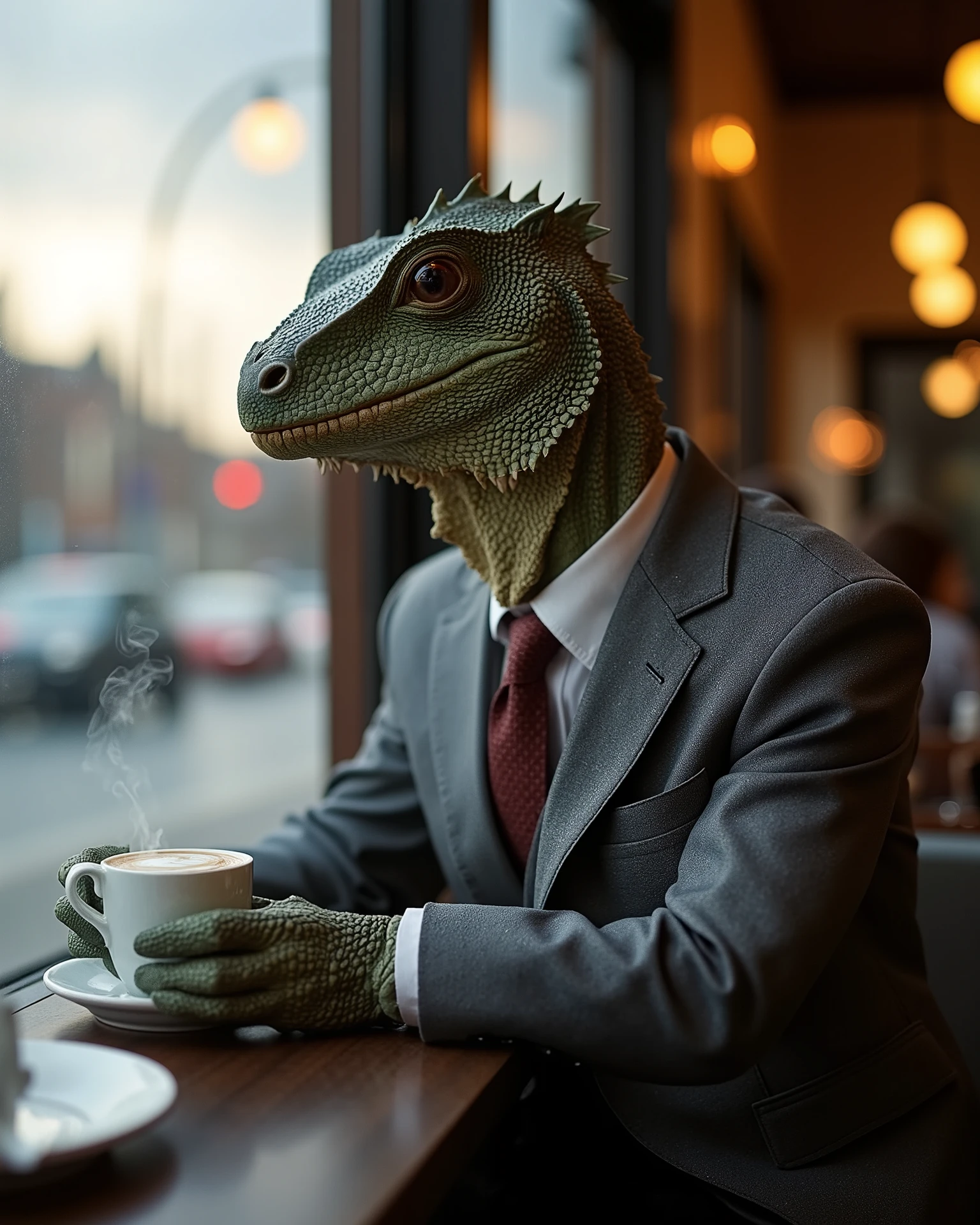 Photograph of anthropomorphic komodo dragon man wearing a grey suit, sitting in an cafe, looking out the window, weather outside is sunrise, moody composition, camera raw, steaming cup of coffee