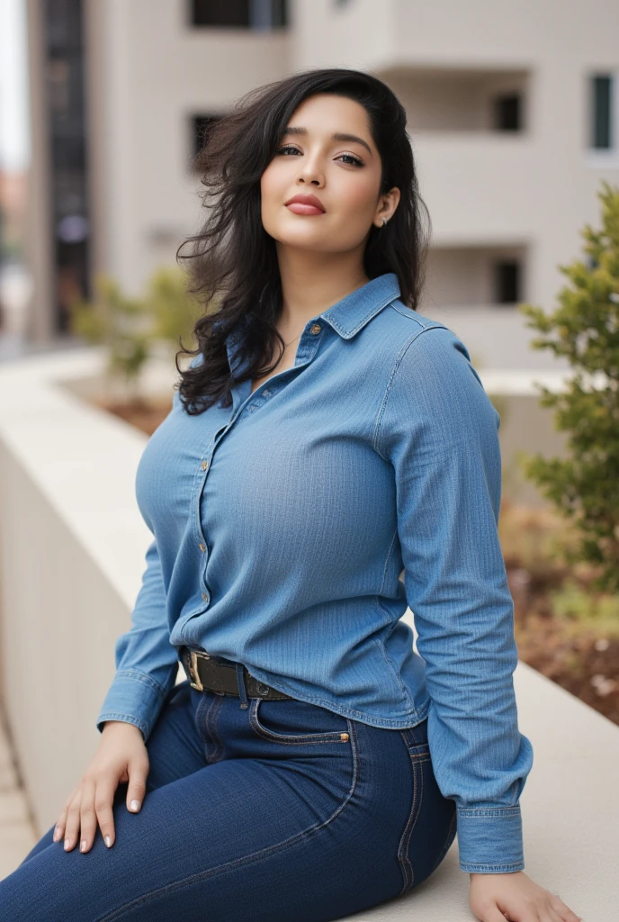 Vogue style side view photo shoot of 1 malay 20years old young woman wear  (( jeans jacket, no bra, open jacket )) with pastel colours background in Wes Anderson style, ((cleavages)),detail skin texture, detailed face, saggy breast, dark , camel toe, heavy big breast, big round ass, wide hips, thick thighs, beer belly, curvy, view from side, hyper - realistic photography, Wes Anderson style, full body, 8k, close - up shot, extreme close - up photo, ((looking at viewer)),  shiny wavy black hair