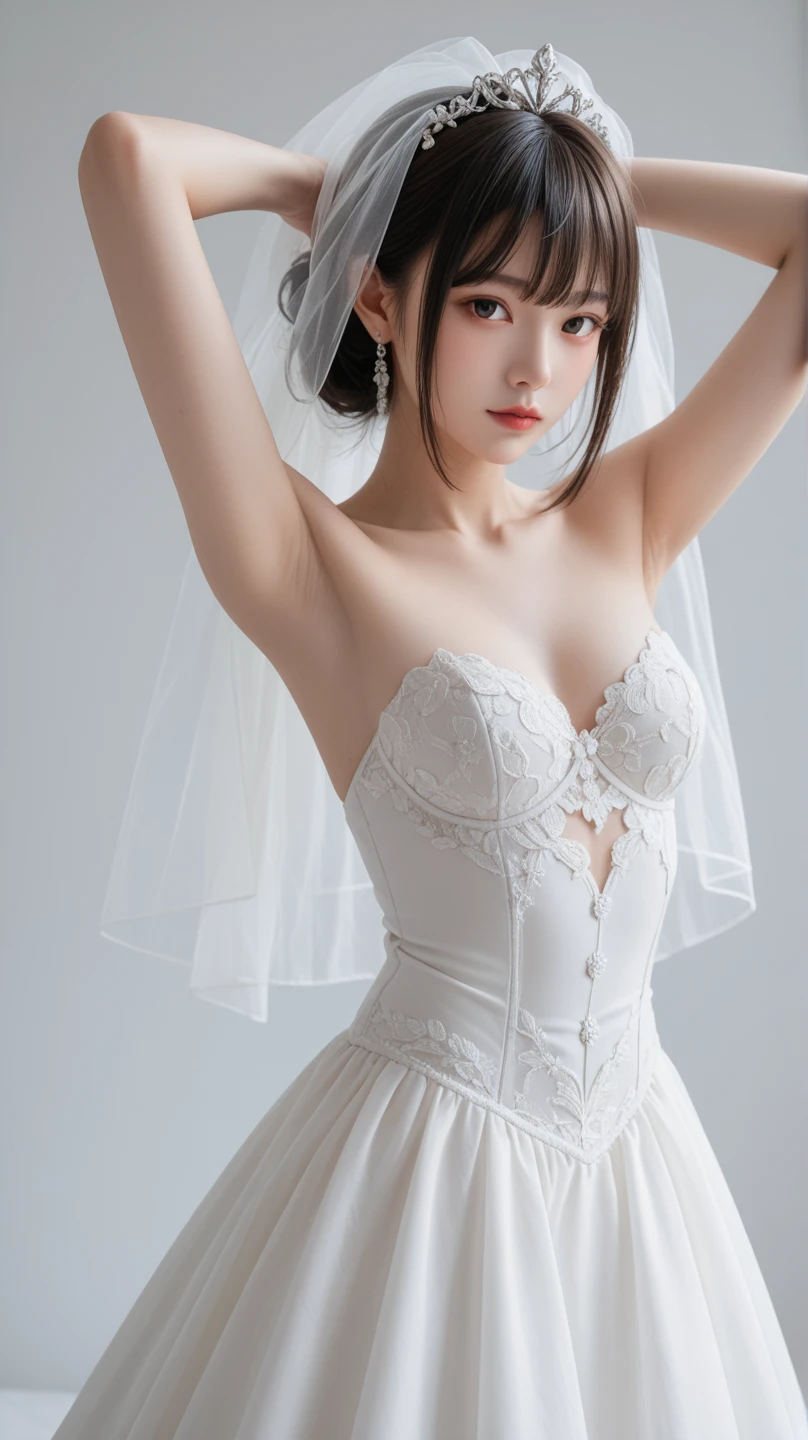 Beautiful 20 year old woman。She wears a wedding dress. She stretches her arms out like a ballet dancer.. She's smiling in the church lights at night . Romantic Sunset. Her dark brown hair. High resolution、masterpiece、Highest quality、頭w:1.0、((Hasselblad Photos))、Fine skin、(Cinema Lighting)、clavicle . Full body photo.