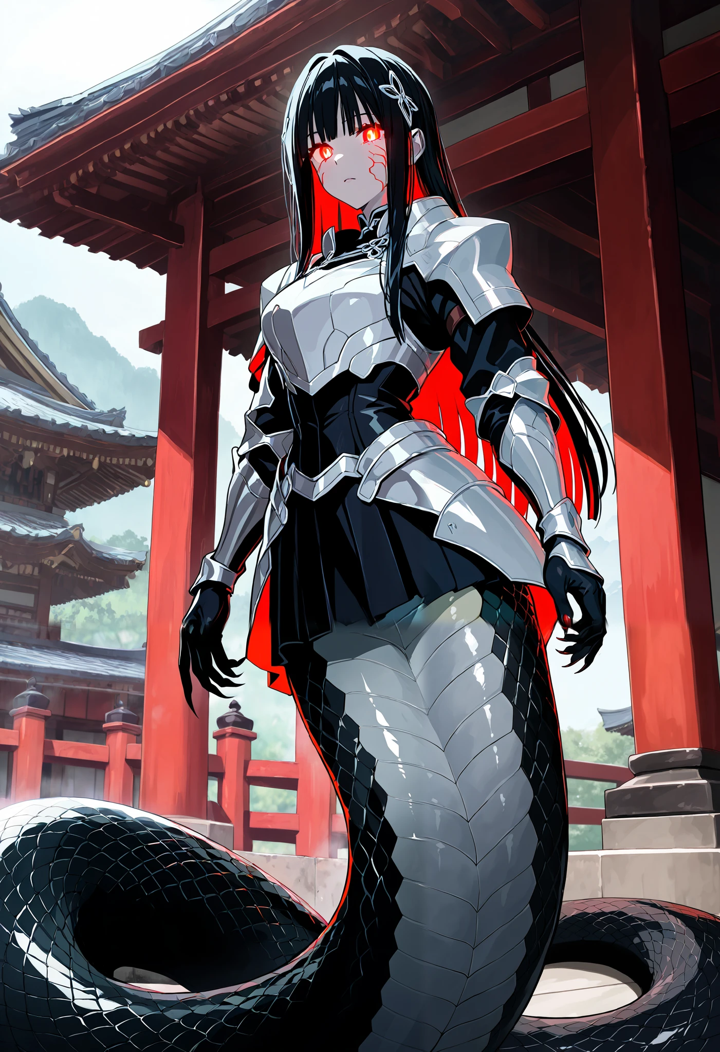 Lamia-style girl. Black snake body. Black straight hair. Light armor. Spiky. Red glowing lines. Sharp claws. Glowing eyes. Cat pupils. Japanese-style architecture.