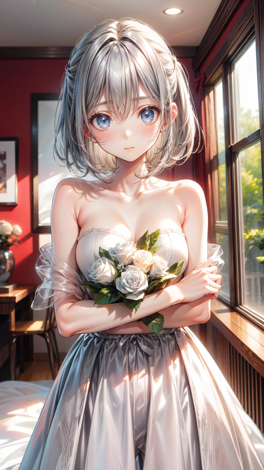 smile,holding a large bouquet、((highest quality, 16k, masterpiece: 1.3)), (beauty, big: 1.2, Slim Abs: 1.2), (Highly detailed face, Highly detailed lips, Fine grain, double eyelid), (White see-through bikini), 1 female, Short bob woman, One mole on the right breast、headshot