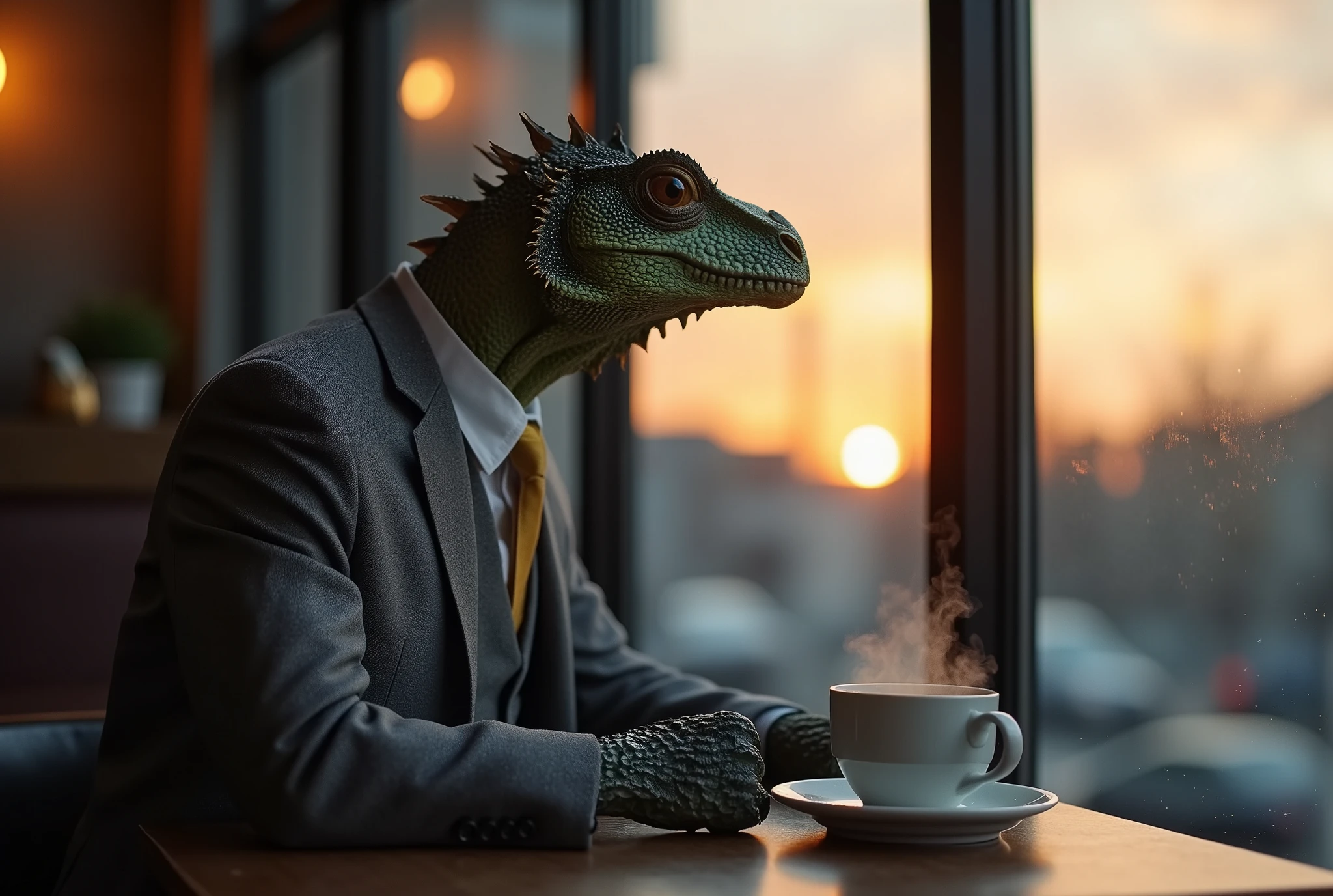 Photograph of anthropomorphic komodo dragon man wearing a grey suit, sitting in an cafe, looking out the window, weather outside is sunrise, moody composition and colors, camera raw, steaming cup of coffee