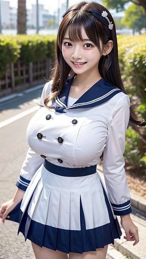 score_9,score_8_up,score_7_up,
pov,1girl, solo, hat, long hair, smile, ocean, sailor collar, day, outdoors, sky, looking at viewer, dress, (hand on hip:0.5), brown hair, realistic, sailor hat, brown eyes, sailor dress, water, cloud, teeth, bangs, huge breasts, blue sky, salute, breasts, white headwear, sunlight, lips, cowboy shot
slim body,(high detailed skin:1.2),8k uhd,dslr,soft lighting,high quality,film grain,Fujifilm XT3 sharp focus,f 5.6,
<lora:add-detail-xl:0.5>,