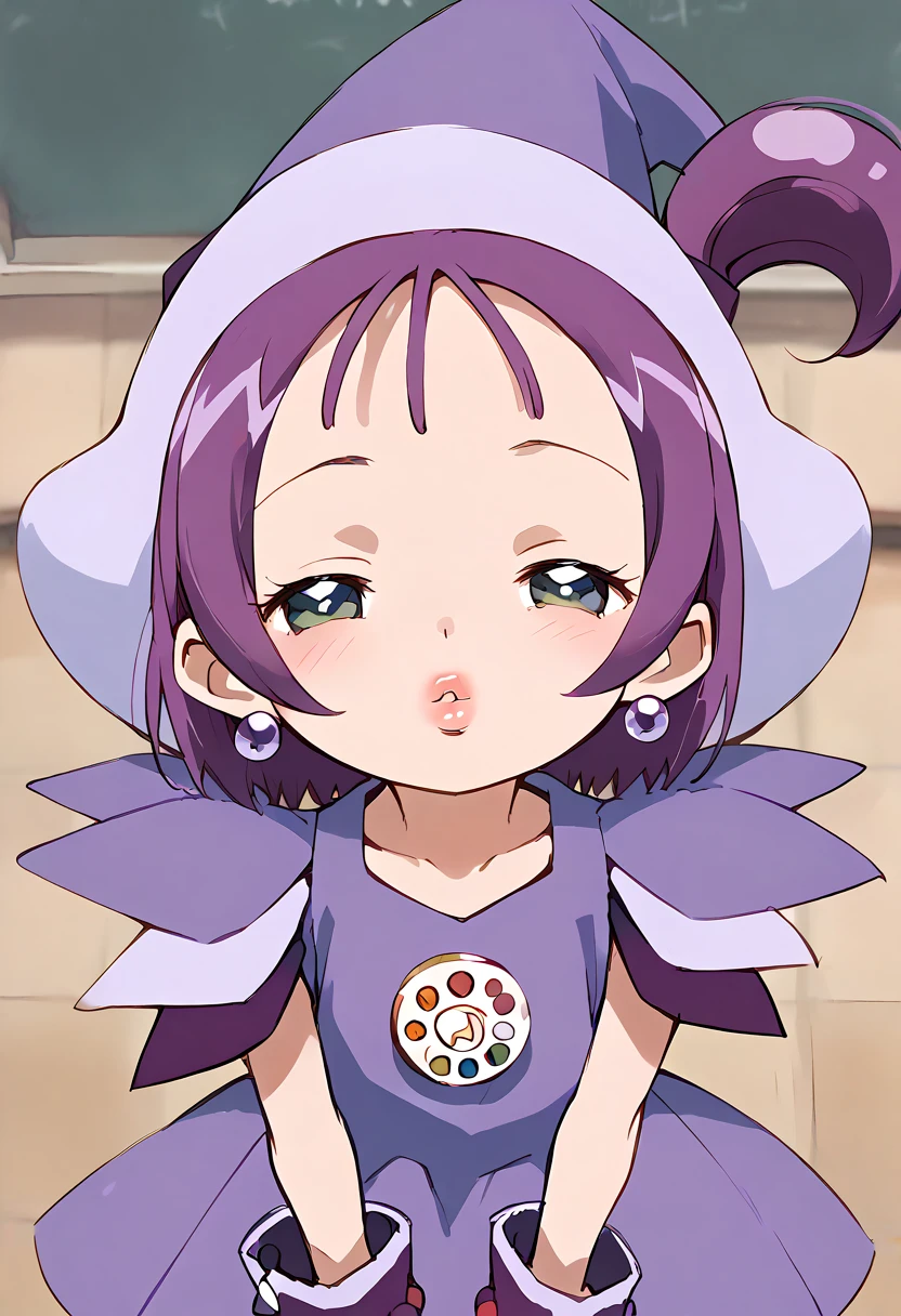   masterpiece, high definition, TOP QUALITY,8k
(Music score Segawa )
( Bbo~,earrings,purple footwear,Purple gloves, dress, witch hat )
(Watch Viewers)
1 girl, (solo), 
upper body
((Approaching Kiss )), imminent kiss , purses lips ,
((Thick lips)),plump lips,
(valley:1.2),
(Chest:1.2), Point of view 
(from above),facing up,
After School Classroom,
(LipsFocus)