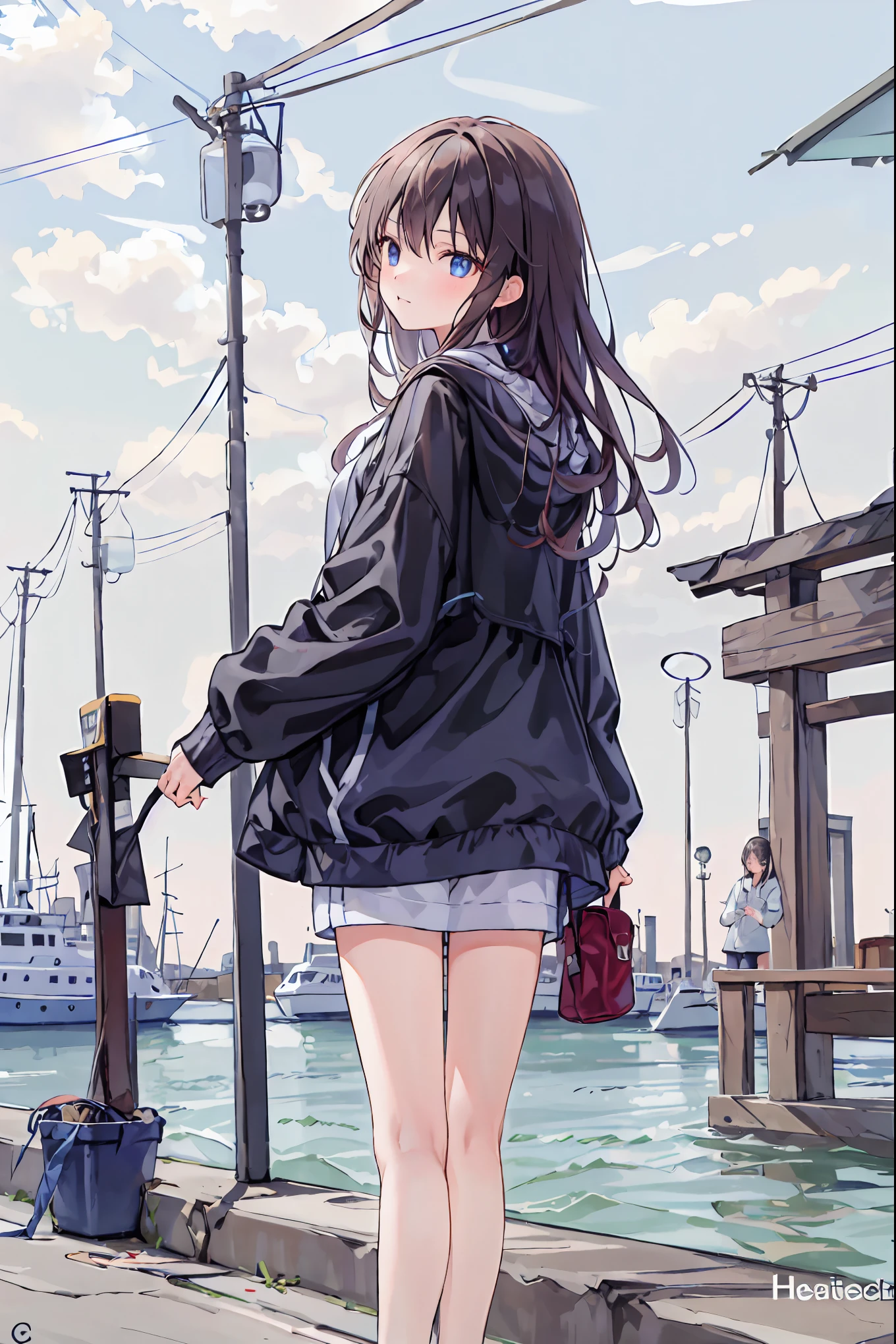 1 person, medium range shot , THE MOST DETAILED GIRL , look back, perfect body, woman, 20 years old, Long Messy White Hair , upside down hair, shiny platinum blonde hair, floating hair, Giant wild hair , grins, v-shaped eyebrows, Golden Eyes, medium chest , bright skin, oversized clothes , hoodie, shorts, sandals on the skin, black clothes, masterpiece, best masterpiece,