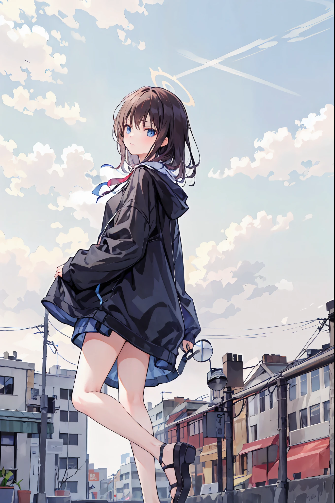 1 person, medium range shot , THE MOST DETAILED GIRL , look back, perfect body, woman, 20 years old, Long Messy White Hair , upside down hair, shiny platinum blonde hair, floating hair, Giant wild hair , grins, v-shaped eyebrows, Golden Eyes, medium chest , bright skin, oversized clothes , hoodie, shorts, sandals on the skin, black clothes, masterpiece, best masterpiece,