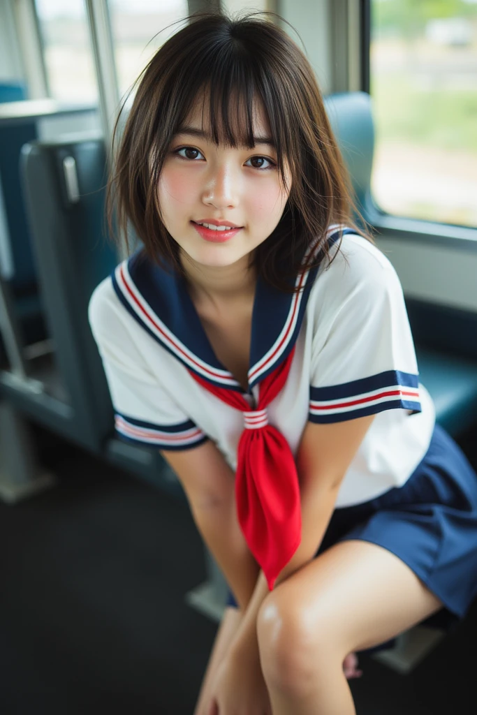 (raw, Best Quality, masutepiece:1.5), (photographrealistic, Intricate details:1.2), 超A high resolution, absurderes, 1girl in, Beautiful face, a smile,symmetrical eye, Light on Face, Front view, Short hair, Twin-tailed, (Short Student Sailor Suit:1.2), Short pleated skirt, White socks, Black shoes, medium breasts, Plump, Real skin texture, (Facing:1.2), Sitting, On the train, Shy, blush, Sunset, Bokeh, Film grain, Natural lighting, The best lighting, Detailed background, detailed shadow, Sharp Focus, Depth of field f/2,