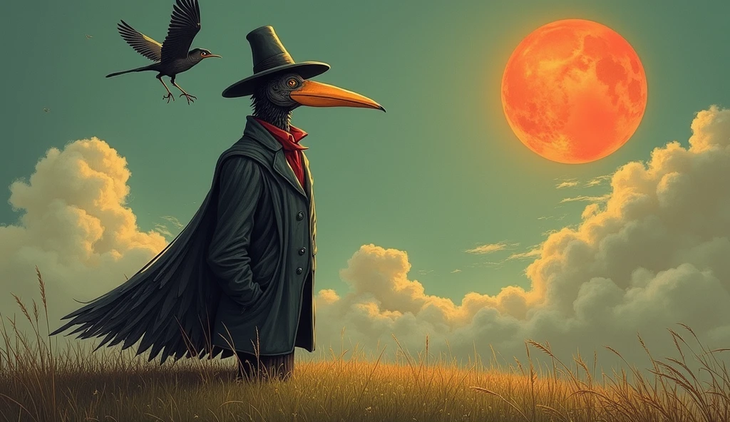 Make a more detailed version and make it looks like it drawn by hand, make everything more detailed leaving all of components being the same. In this composition is standing on grass plague doctor, clouds, sun, flying bird over plague doctor, and of course a land with grass, and keep for plague doctor his artificial beak.