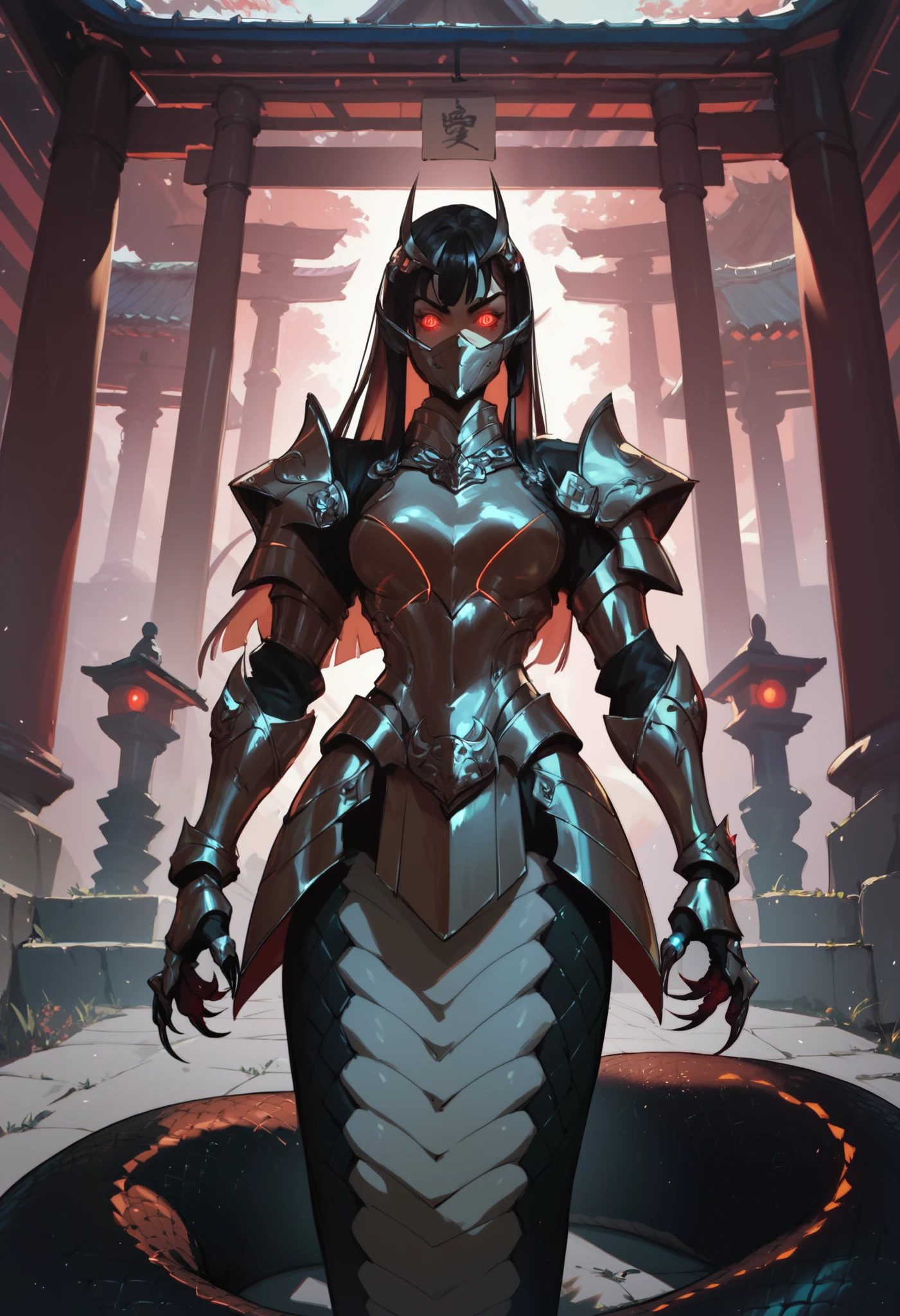 Lamia-style girl. Black snake body. Black straight hair. Light armor. Spiky. Red glowing lines. Sharp claws. Glowing eyes. Cat pupils. Japanese-style architecture.