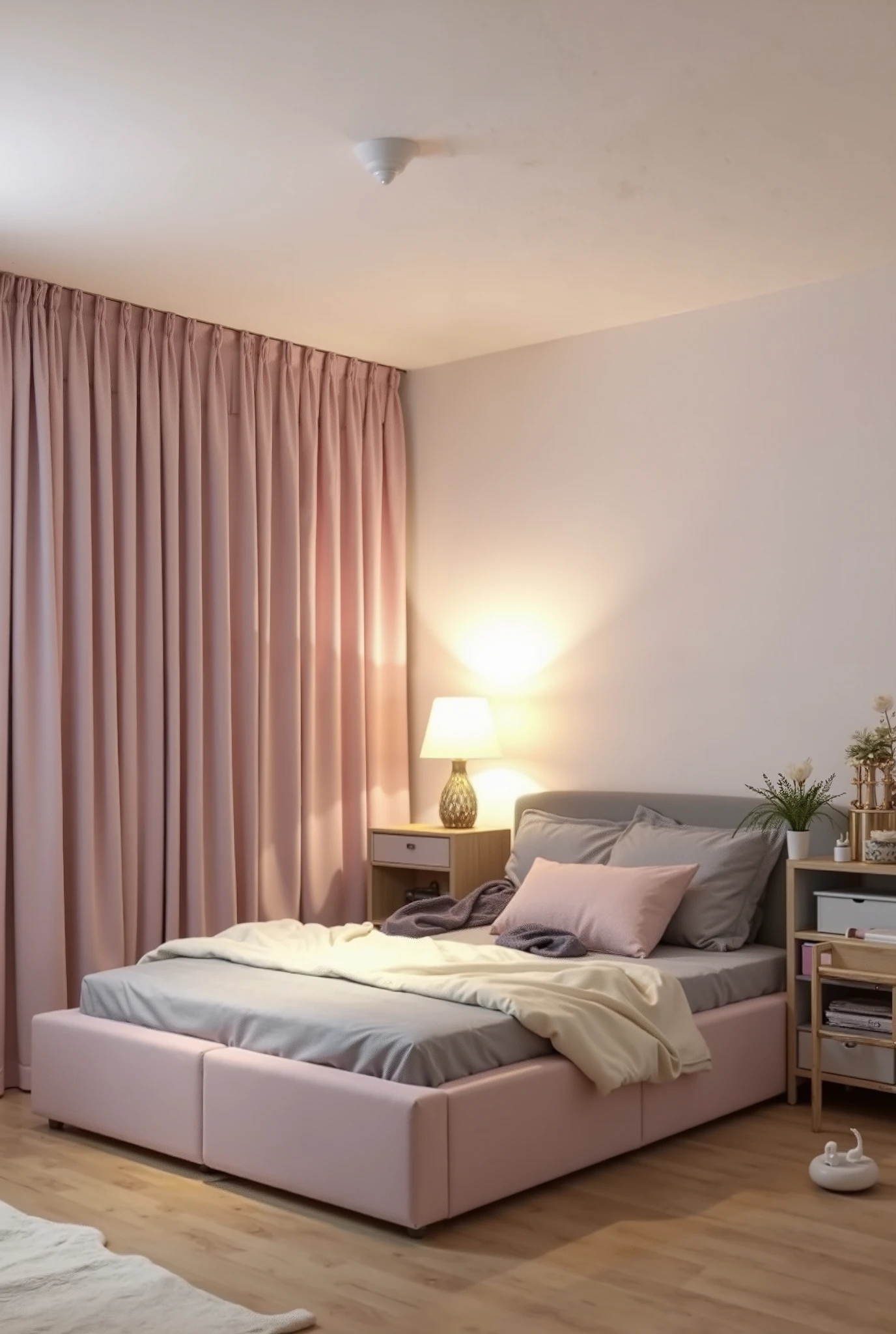 this is my current bedroom. without changing the layout and keeping the room s format, add elements so that the room is more cozy has more personality; the room has pink and gold details and it s for a old girl