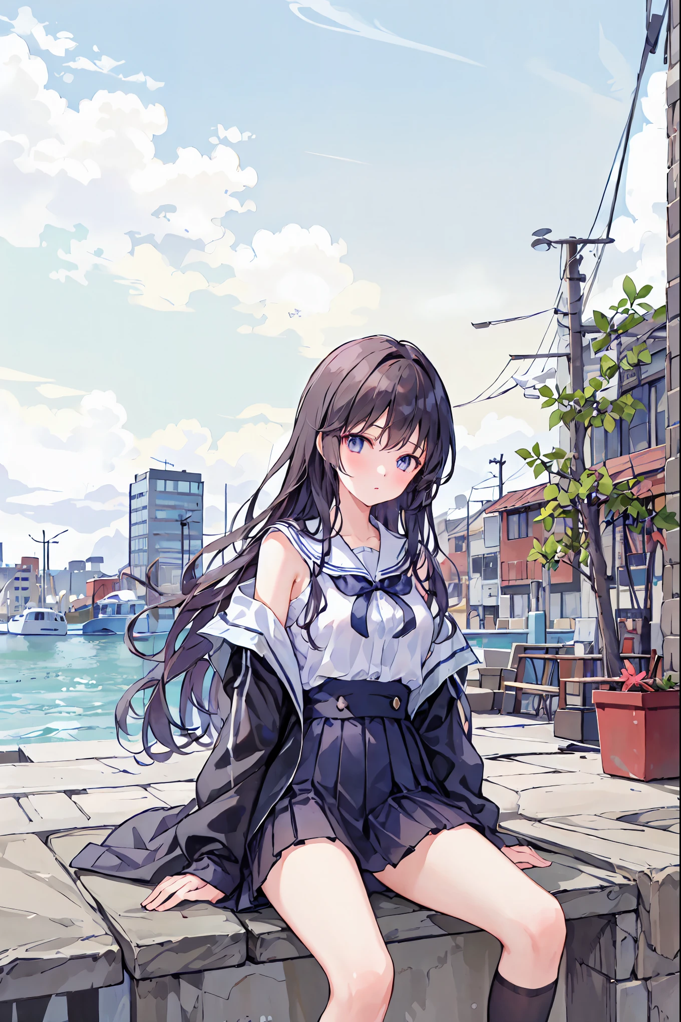 TOP QUALITY、masterpiece、1 girl、 cute、big high school girl、miniskirt、 sits on the ground ,、Kamimei、is staring at me、