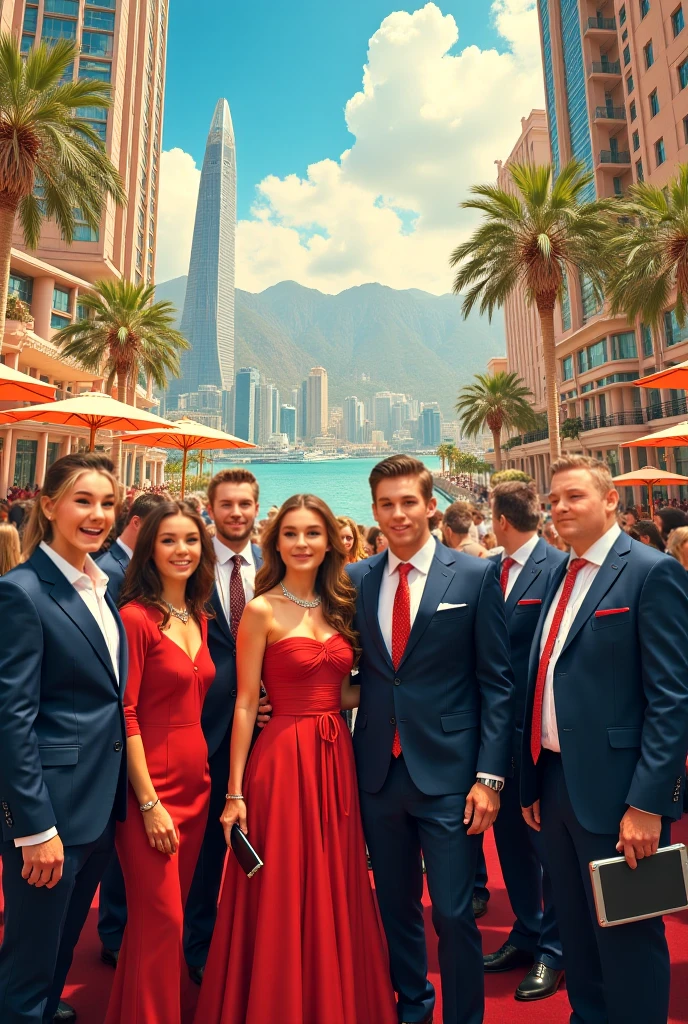 An handsome billionaire man with an handsome younger man with beautiful red dressed lady in the middle