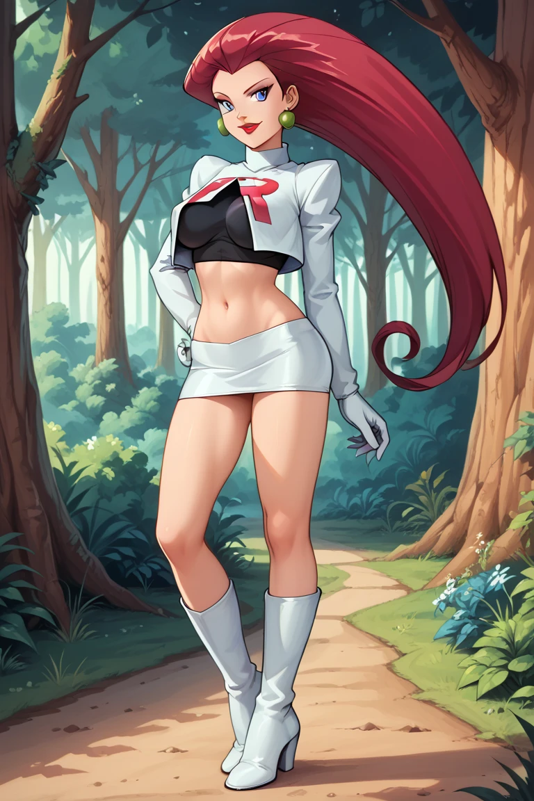   long hair, hair back, , full body view, Jessie, team rocket,     ,   navel  , Red hair in the back ,   ,  legs ,    short mini skirt  , miniskirt blanco ,  white jacket ,     looks at the spectator ,  full body image ,  thigh-length boots ,  , in the forest, nature , muslos anchos  ,  full image quality, sensual ,   ,  legs , Full body image ,  smile,  legs largas , red lips 