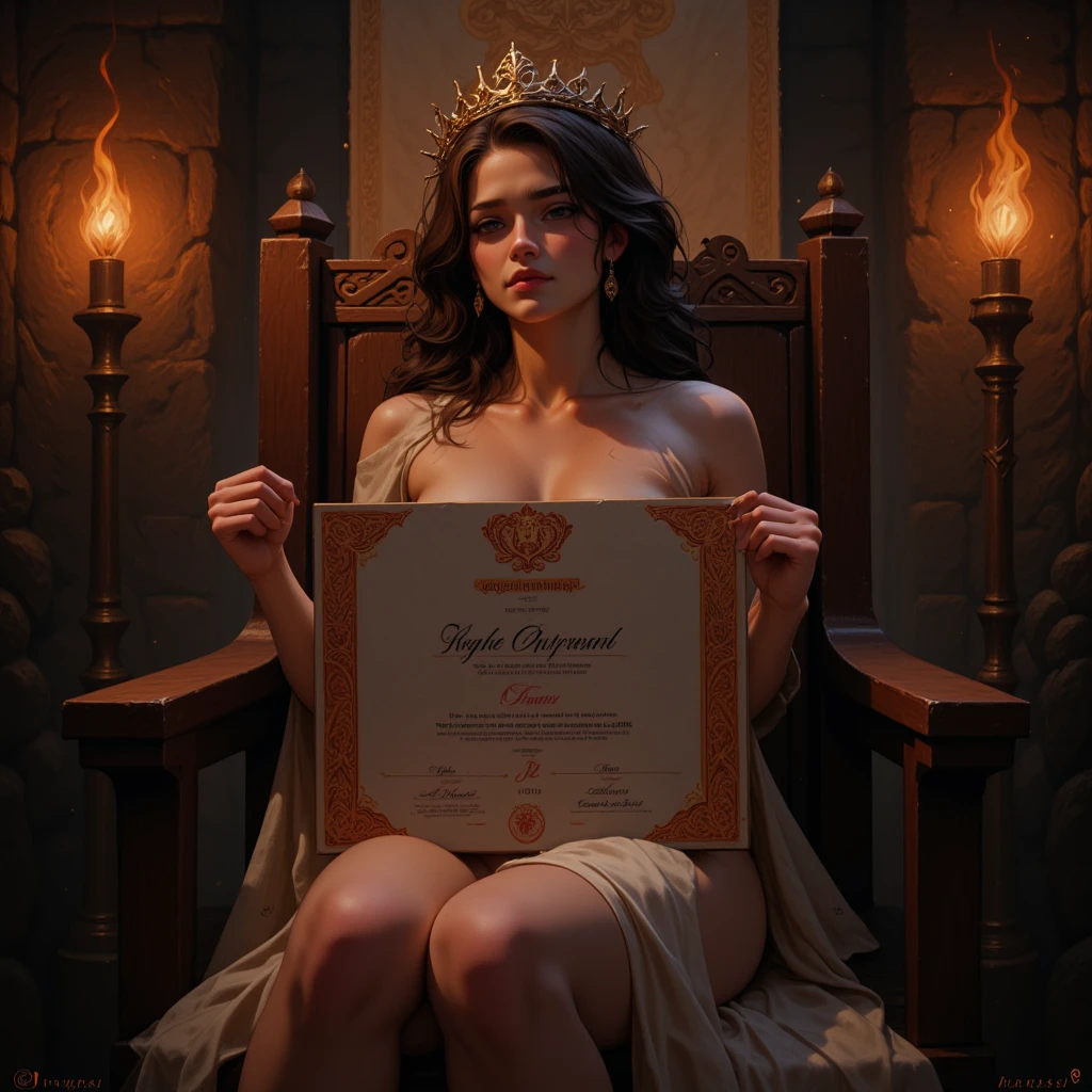 The beautiful naked Whore of Babylon wears a crown and is seated on a dragon with ten heads seven of which have horns.