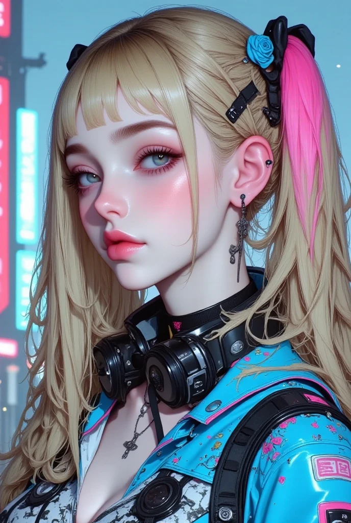 (RAW Photos), (Highest quality), masterpiece, 1 Girl, Twin tails, ((short twintails)), braid, head shot, Night view, neon, Shine, Charm, modern, fashionable, Gloss, contrast