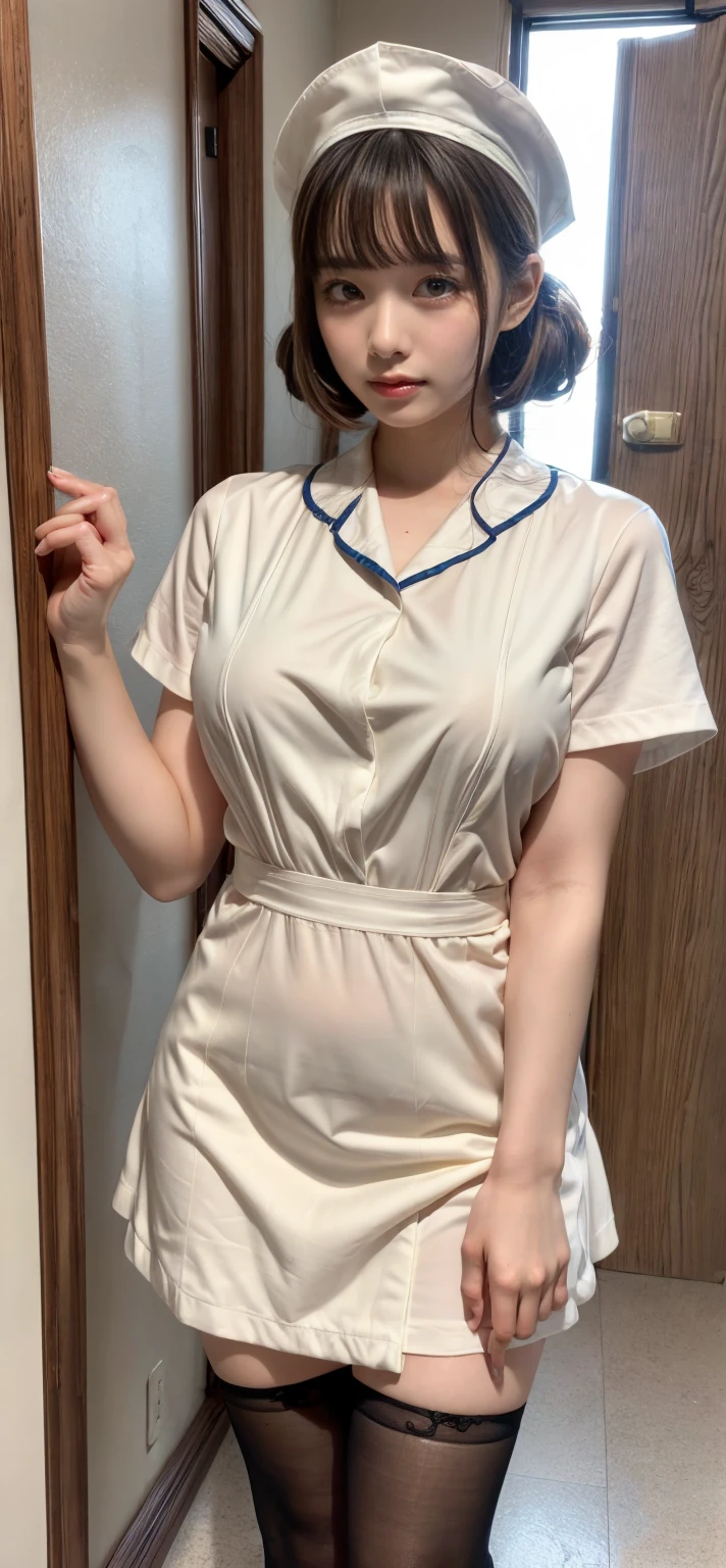 muste piece, best quality, illustration, Super detailed, fine details, High resolution, 8K,wall paper, perfect dynamic composition,(Details High quality, realistic depiction of eyes:1.3), Hospital Rooms、White nurse cap、White tights、White nurse uniform、to stand、Hand skirt、Flipping up a white skirt, short bob hair、black hair color, Big Natural Color Lip, bold sexy pose, (perfect body shape), crying a little、cold gaze, Harajuku style、20 year old girl、cute type、lolita、beautiful legs, hposing Gravure Idol, Voluptuous thighs