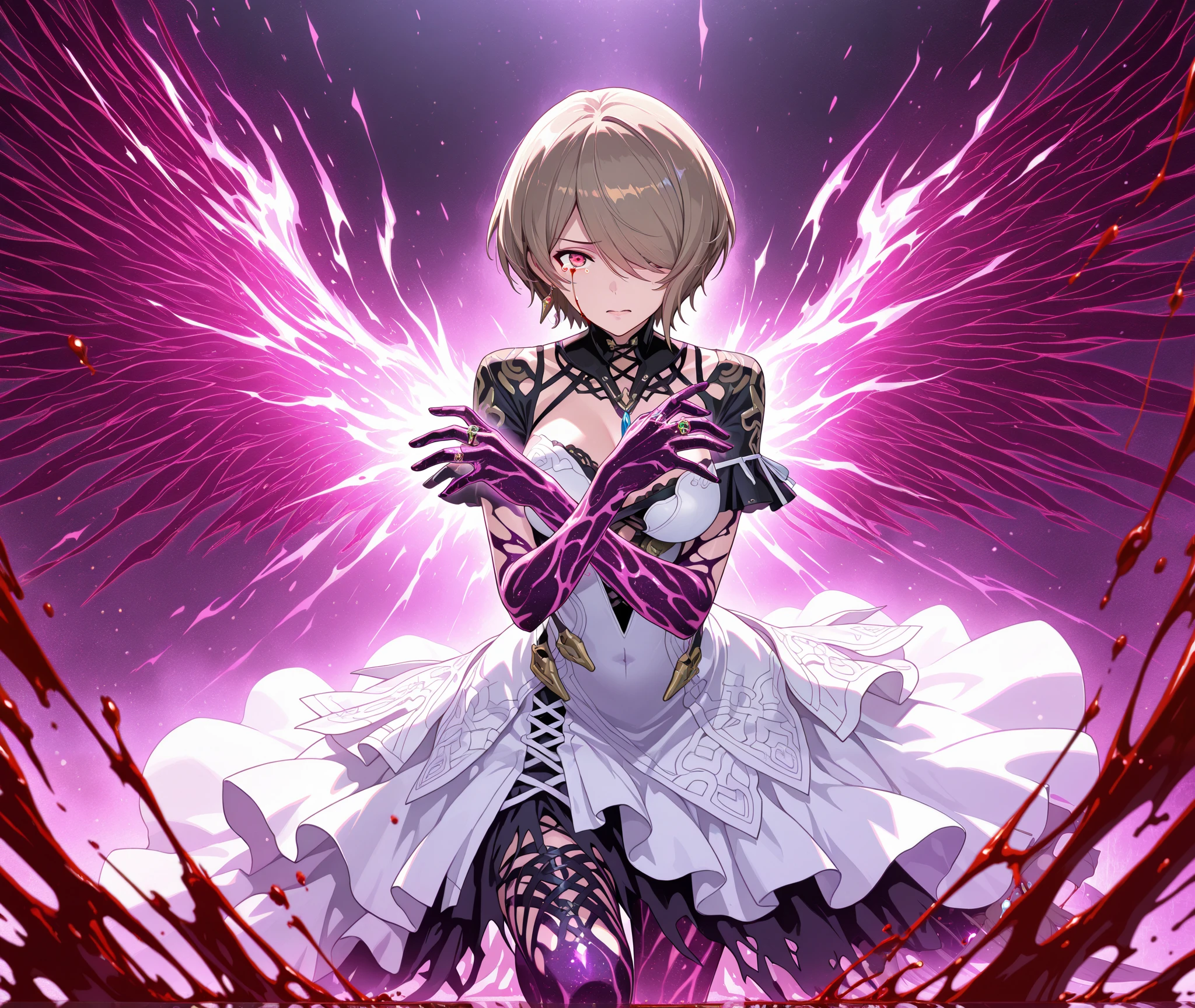 Anime illustration, abstract background, colorful, light reflection, solo, 1girl, medium closeup shot, shoulder level, detailed skin, extremely detailed eyes, dynamic pose, (corrupted energy, foggy aura:1.1), shining crystal eyes, ring eyes, mythical astral cosmic cress, cosmic skin, alt cosmic skin, white dress, spread wings, dying angel, masterpiece,best quality,amazing quality, wuthering waves, rover (wuthering_waves), dynamic pose, Rita, hair over one eye, purple eye, brown hair, rita rossweisse, black victorian dress, laced dress, black laces, broken dress, (blood tears:1.3), disgusted expression, backlighting, looking at vieer