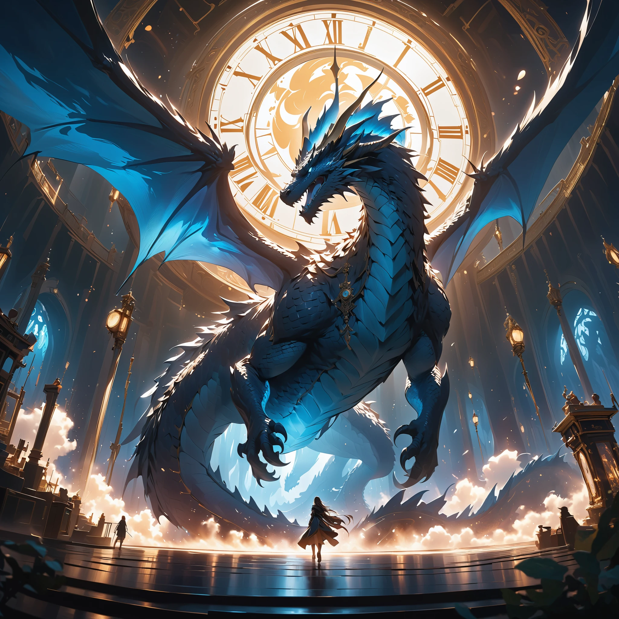 (Theme: A Single Cloud in the Sky:2),fantasy seen down,(Giant dragon),(Putty Dark Forest :1.5),(Big mirror clock