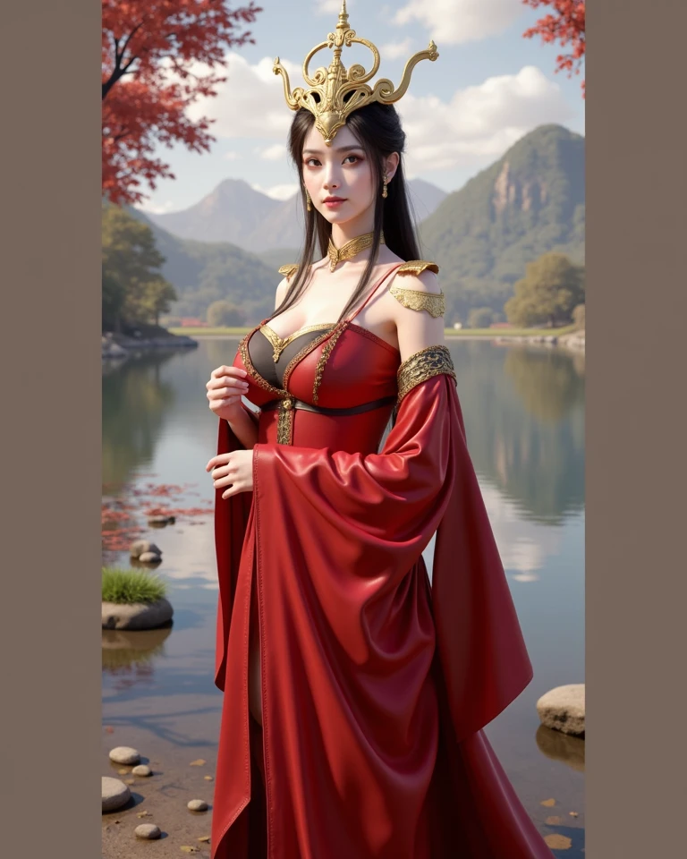 ((top-quality、​masterpiece、photographrealistic:1.4、in 8K))、1 beautiful detailed lady and 1 feathered dragon、extremely detailed eye and face、beatiful detailed eyes、（Makai princess in fantasy style red dress）、Luxury accessories、Elegant smile、（Princess petting a dragon in a rocky mountain）、Beautiful lighting、Textured skin、Super Detail、high detailing、High quality、hight resolution、（looking at the viewers）、mont