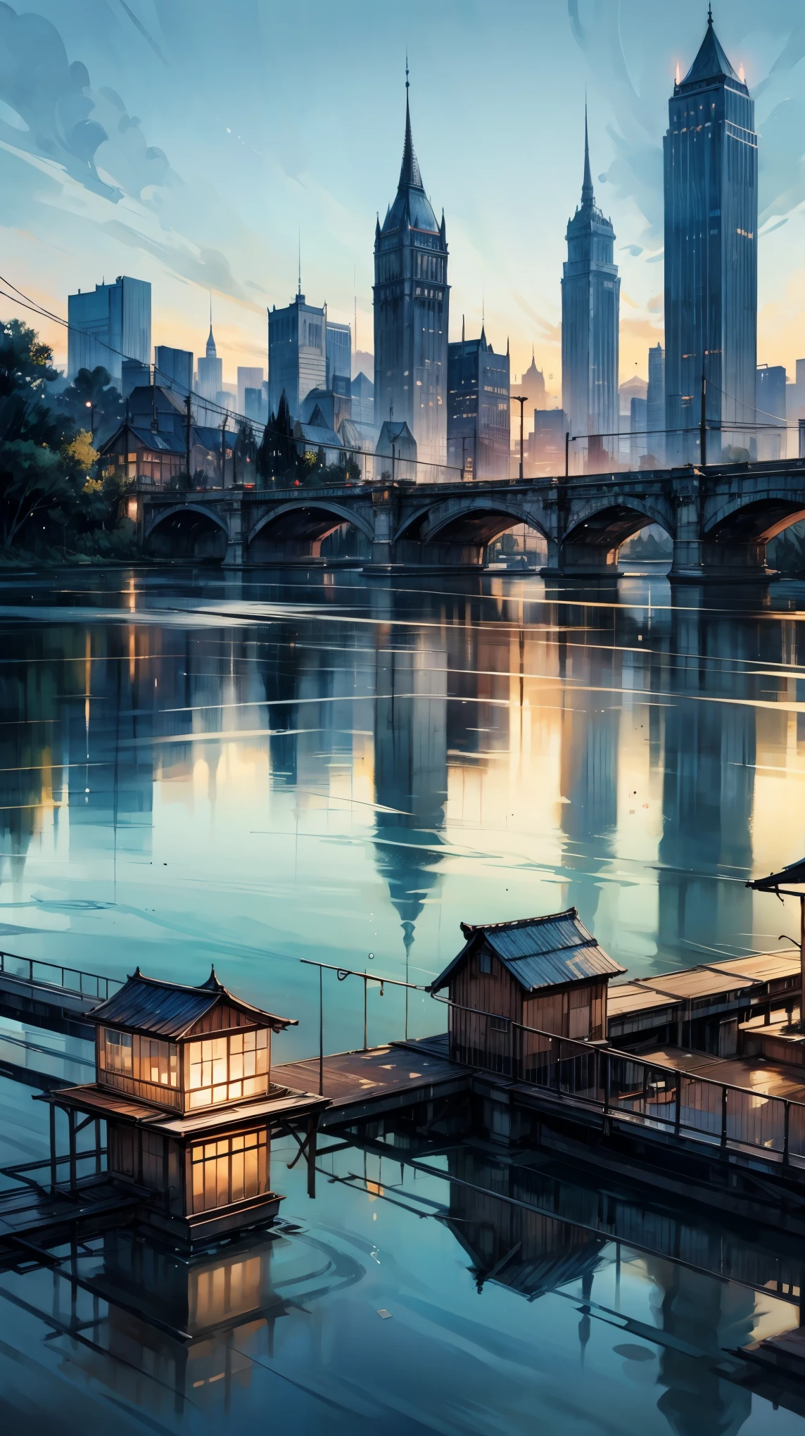 masterpiece, TOP QUALITY, Water surface reflection, city,Tranquility