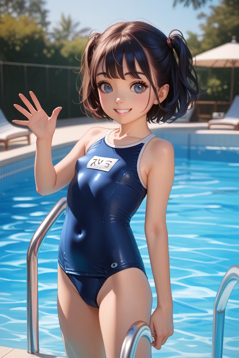 very cute and beautiful girl,(highly detailed beautiful face and eyes),(blue swimsuit), standing,arms behind back,pool side,tiny colorful flowers on grassland, (smile),looking at viewer,black hair,cowboy shot, (best quality,masterpiece),absurdres,highres,ultra-detailed,extremely detailed,32k, cinematic scene,detailed background,solo,dynamic angle, hair fluttering in the wind,beautiful detailed sky,
