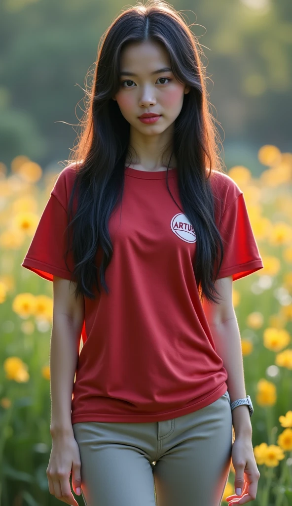 , ((a picture of indian girl)), ((15 years oldhest quality, 8K, masterpiece: 1.3)), concentrated: 1.2, perfect beauty: 1.4, butt: 1.2, ((high up ponytail)), ((high up ponytail hairstyle)), , ((large breasts)), (landscape background), tomboy t-shir, Highly detailed face and skin texture, narrow eyes, double eyelid,, long hair, (shut up: 1.3), smile, Unreal beauty, , indian girl, ((red colour t-shirt)), ((ultra red colour t-shirt)), ((big forehead)), ((16 years old girl)), ((h.3)), ((white jeans))