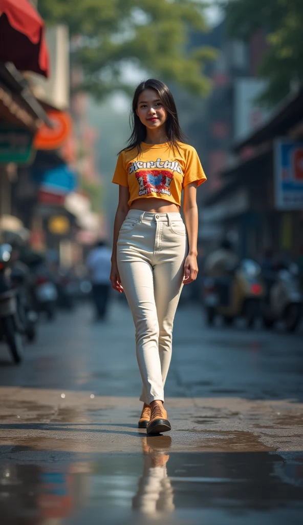 high quality images , 3D 8K, taken with the highest quality camera , the camera , Fuji Camera , , use the highest quality and most modern images.. ,The best images and colors , Asian girl with a round face , There is a yakusa tattoo , wearing a bright tight shirt , Dark color, Graphic print , "ARTUEAM 90s," , glowing potchlan skin , ,Shiny skin, skin like a glazed tile., Pink cheeks, Pink skin, big breasts, 38 inches , ผมดำ, long hairใหล, long hairสยาย, , my hair flutters , , My hair flutters in the strong wind , long hairสยาย, long hair , Very long hair , 2 meters , Wear pants that reveal large hips., Look at the curves , , Clear belly , Shiny skin , Wet skin, sexy in various poses , Exciting , outdoors on the street in Thailand , atmosphere , rain, morning sunrise , rainตก, intersecting with shining sun, Wet skin, Sexy Costumes , very realistic ,
