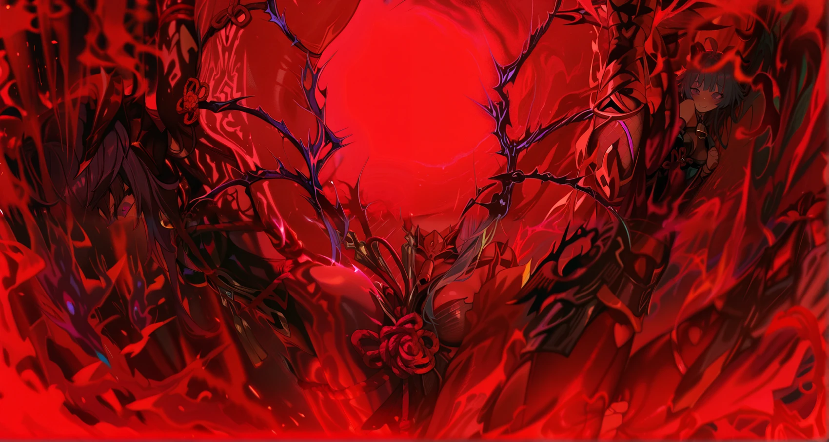 Anime illustration, abstract background, colorful, light reflection, solo, 1girl, medium closeup shot, shoulder level, detailed skin, extremely detailed eyes, dynamic pose, (corrupted energy, foggy aura:1.1), gandef, long hair, bangs, horns, blue hair, purple eyes, ahoge, medium breasts, neck bell, bangs, bare shoulders, detached sleeves, flower knot, tassel, bodystocking, suspension, tied up, bondage, tied up wrists, laying down on the floor, blushing, pleased expression, pleasured, rubbing her thighs