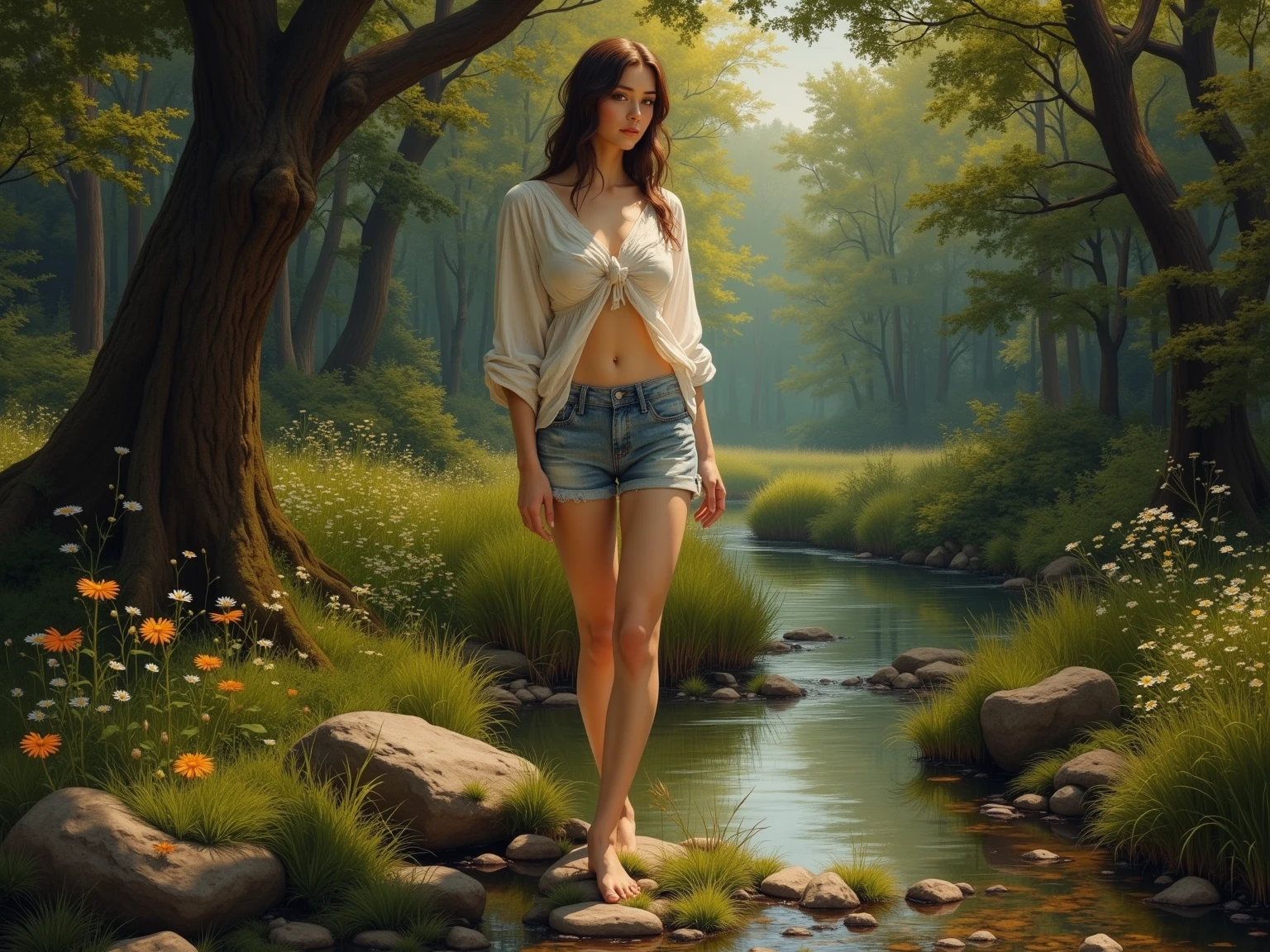 1 cute and beautiful girl, 20 years old, standing in clear river water, open natural scenery, alluring appearance, complex, ultra HD, sexy long legs