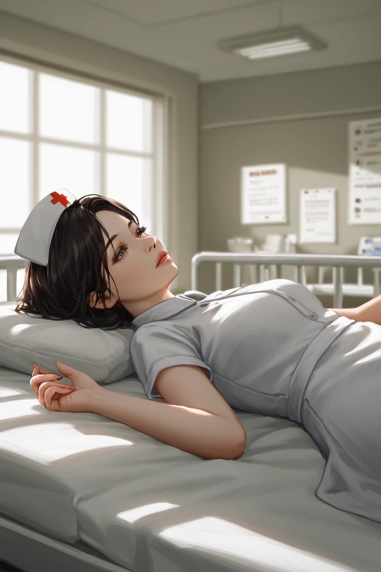 Больничная палата, на кровати лежит пациент весь в бинтах, Sexy nurse in a short robe performs artificial respiration on a patient