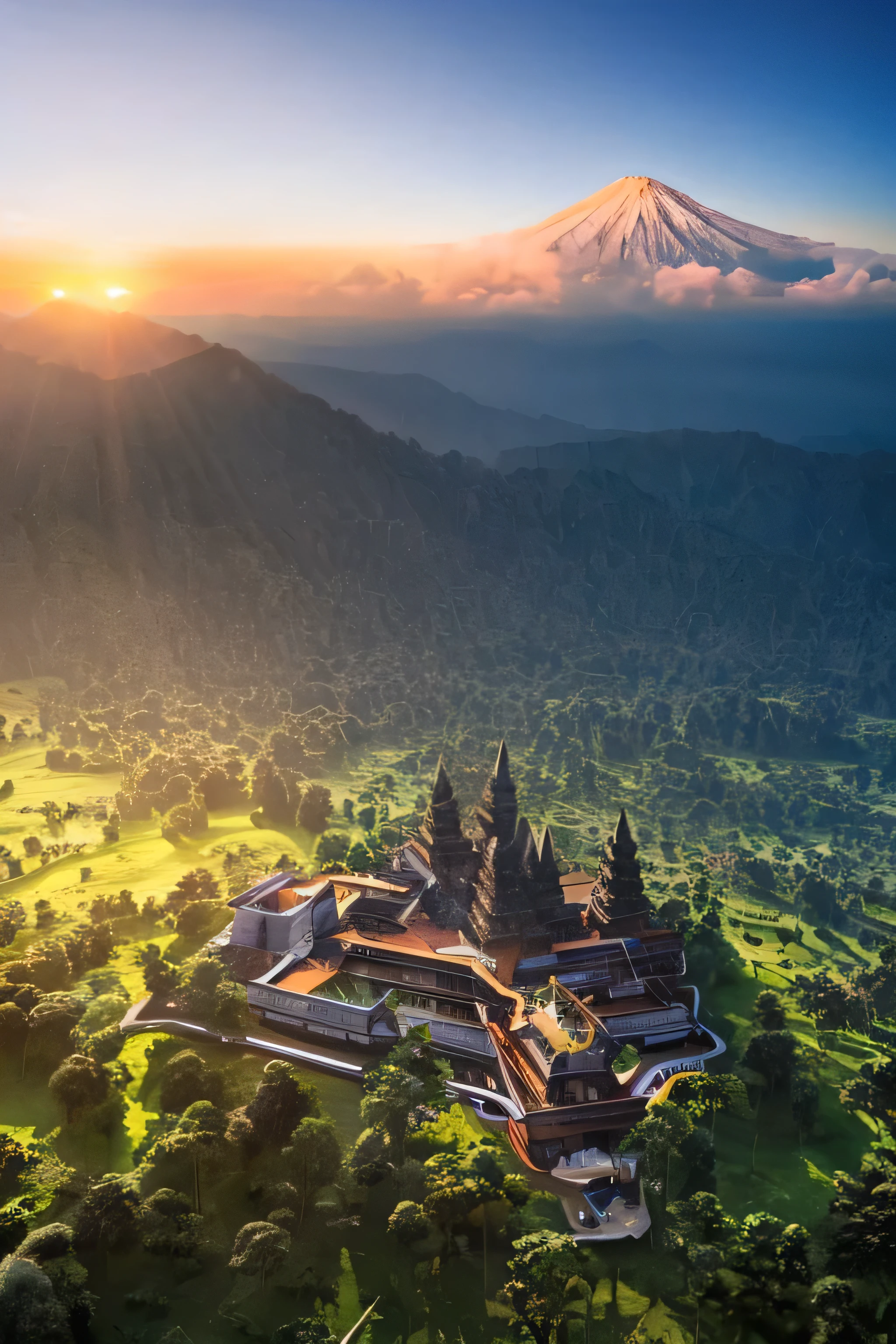 (panoramic high-definition images) a vibrant image of celebrating Central Java’s cultural diversity. It features Prambanan Temple, wayang kulit, batik patterns. The background showcases lush rice fields, a mystical sunrise, and Mount Merbabu or Merapi.