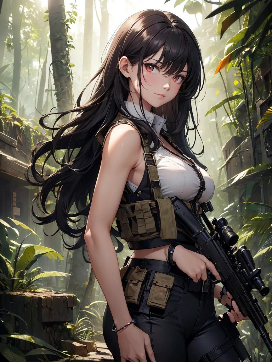 (masterpiece, best quality:1.2), 1girl, solo, big breats, tribal warrior, standing in a lush jungle clearing, long flowing hair wearing traditional tribal attire blended with modern elements: leather vest intricately decorated with tribal symbols, black cargo pants, and combat boots, face and body painted with intricate tribal patterns in vibrant colors, holding a large futuristic rifle with tribal carvings and adornments, aiming confidently at the viewer, eyes fierce yet captivating, sunset casting a warm glow through the jungle canopy, blending traditional and modern warfare motifs seamlessly.
