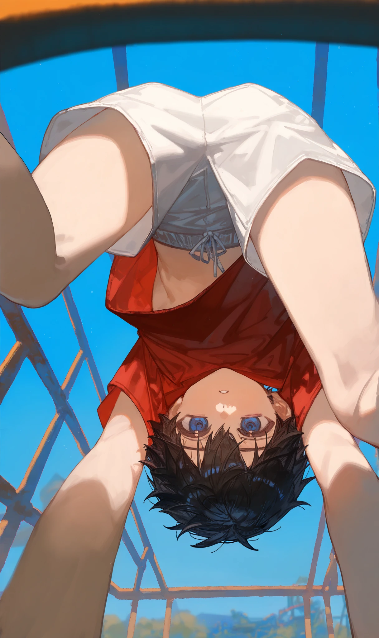 (masterpiece), 1girl, hanging on rope upside down, kawai, fun park, ikishima midari, short hair, black hair, eyepatch, kawai <lora:Kizuki - Kakegurui Ikishima Midari LoRA:1>