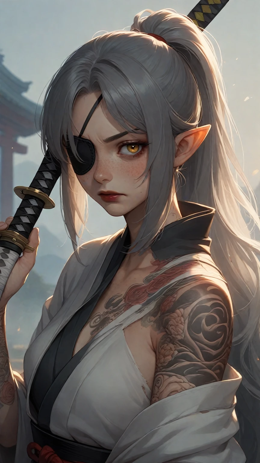(photorealistic:1.3), masterpiece, best quality, (intricate details:1.2), (scenery:1.3), beautiful face, (black theme:1.3), 
(((1girl, a girl in patterned kimono holding a dagger in her hand, (look at veiwer:1.3), (face tattoo:1.2), small oni horn, 
))), full body, split in half