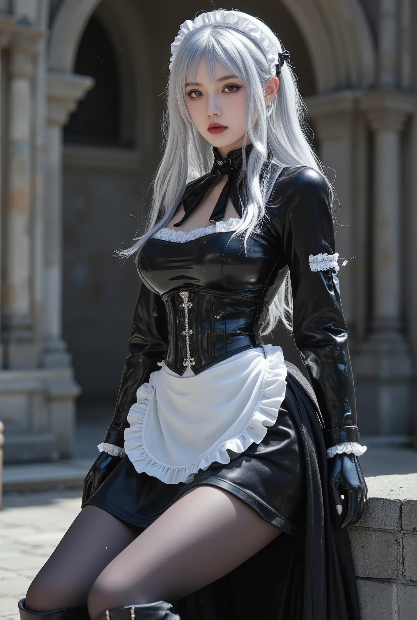   Young Cyborg Beauty ,( black and white gothic maid outfit, long skirt with low skin exposure,   corsets  , black tights, Black Boots ),(  Silver Hair, Shoulder-length hair in images , purple eyes, half-closed eyes ,  unusual suspicious feelings:1.3,Black Lips:1.5, big breasted,  shiny skin that is creating,  Perfect Female Body Type ,  ideal body proportions for riding a large water bike, attractive proportions, Tight Woman  , curvy beauty, HD Skin  ,A girl with a very beautiful and detailed face), Upper body portrait ,background:Medieval castle,  bright,Polite Pose ,  Dramatic Lighting,(  masterpiece, top quality made of straw,   completely naked, incredibly high resolution ),
