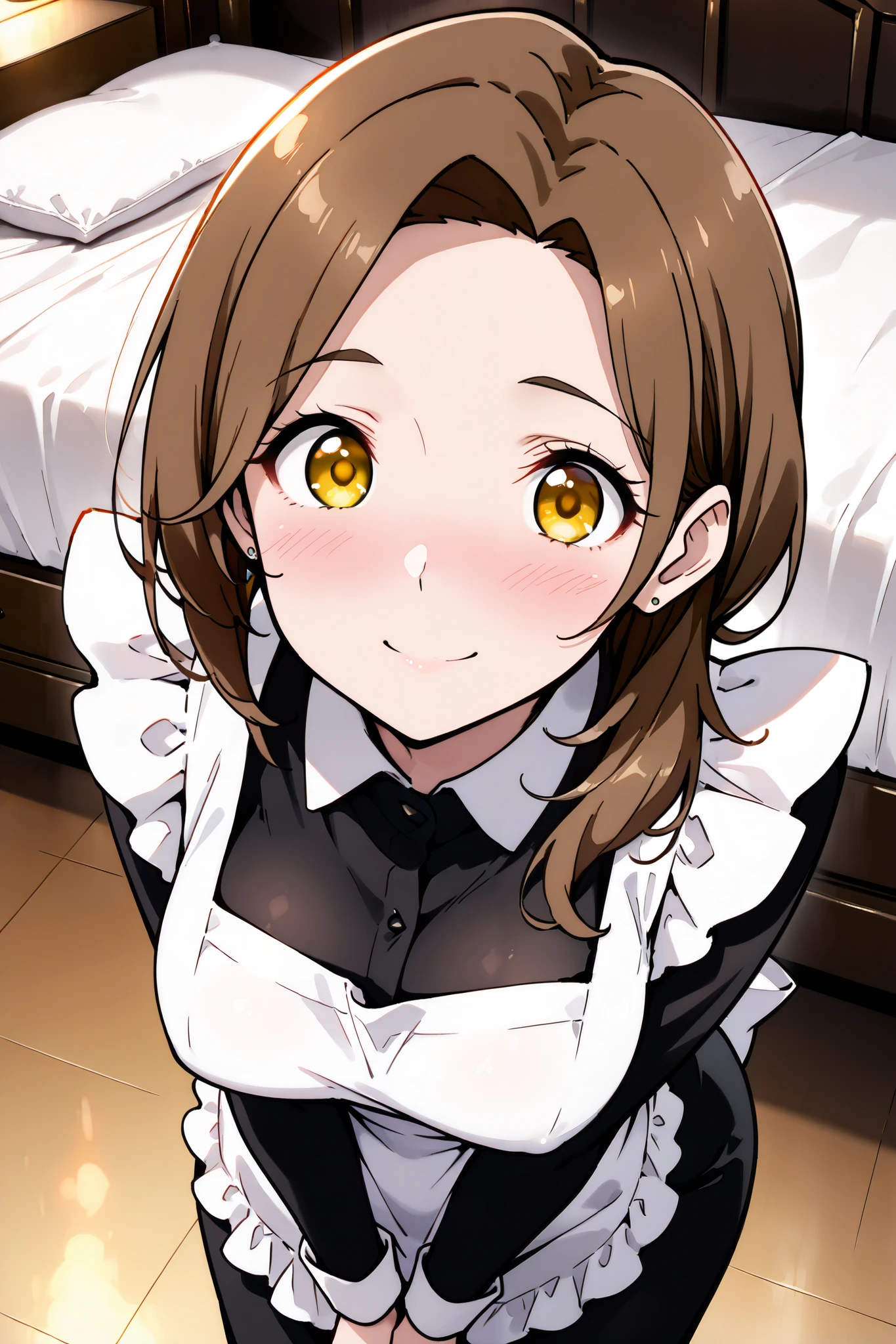 {Highest quality}, {so beautiful}, {Very detailed}, {Best illustrations},{Beautiful eyes},Alone,(Mature Woman),Brown hair, asymmetrical hair,Medium hair,off-center part, yellow eyes, (tall, slim body:1.4), medium breasts,big butt,maid style:0.2,(black dress,long sleeve,simple white apron),Panniers　 skirt,(round eyes、droopy eyes),(blush、 Excited、 fiery face),Mansion、bedroom、bed,Lean forward、Bend、v-arms, looks up、from above