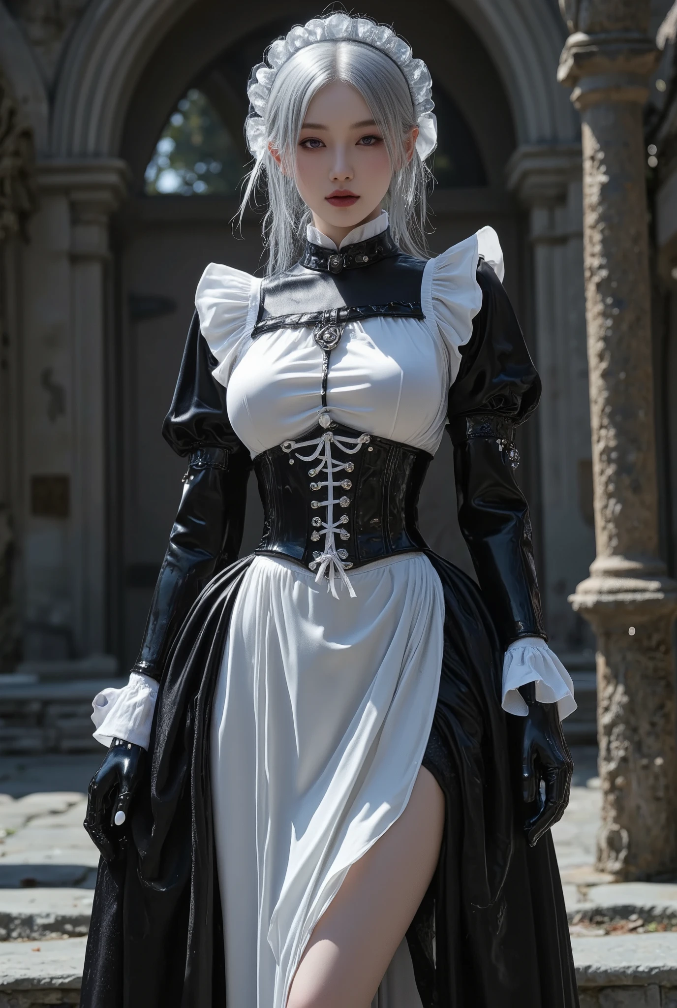 Young Cyborg Beauty ,( black and white gothic maid outfit, long skirt with low skin exposure, corsets , black tights, Black Boots ),( Silver Hair, Shoulder-length hair in images , purple eyes, half-closed eyes , unusual suspicious feelings:1.3,Black Lips:1.5, big breasted, shiny skin that is creating, Perfect Female Body Type , ideal body proportions for riding a large water bike, attractive proportions, Tight Woman , curvy beauty, HD Skin ,A girl with a very beautiful and detailed face), Upper body portrait ,background:Medieval castle, bright,Polite Pose , Dramatic Lighting,( masterpiece, top quality made of straw, completely naked, incredibly high resolution ),