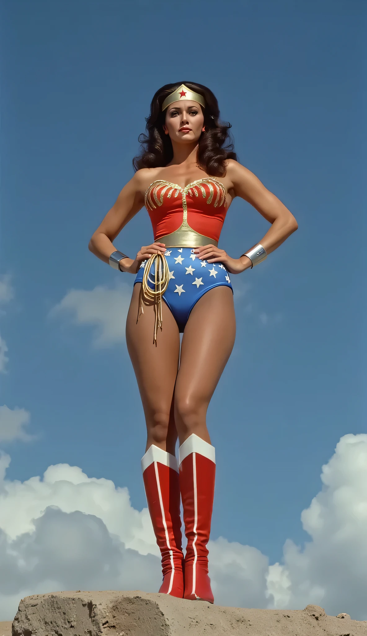 A SEXY LYNDA CARTER AS THE ICONIC 1960 WONDER WOMAN, WEARING A BLUE FULL LENGTH SPANDEX DIVING WONDER WOMAN COSTUME, RED LEATHER WONDER WOMAN BOOTS. CRYSTAL CLEAR ART, CELAN CRISP ART, 4K, 8K, MILLIONS OF TEXTURES