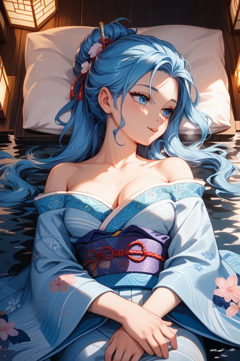 In the style of Boris Vallejo. hyperrealism, simple line drawing, beauty teenage cyan-eyed woman with striking breast laying on the table top in bar, a cute pampushka in a navy kimono, her is relaxing on the beach. The image is in oil paints, detailed. Hippie style jewelry, boho style
