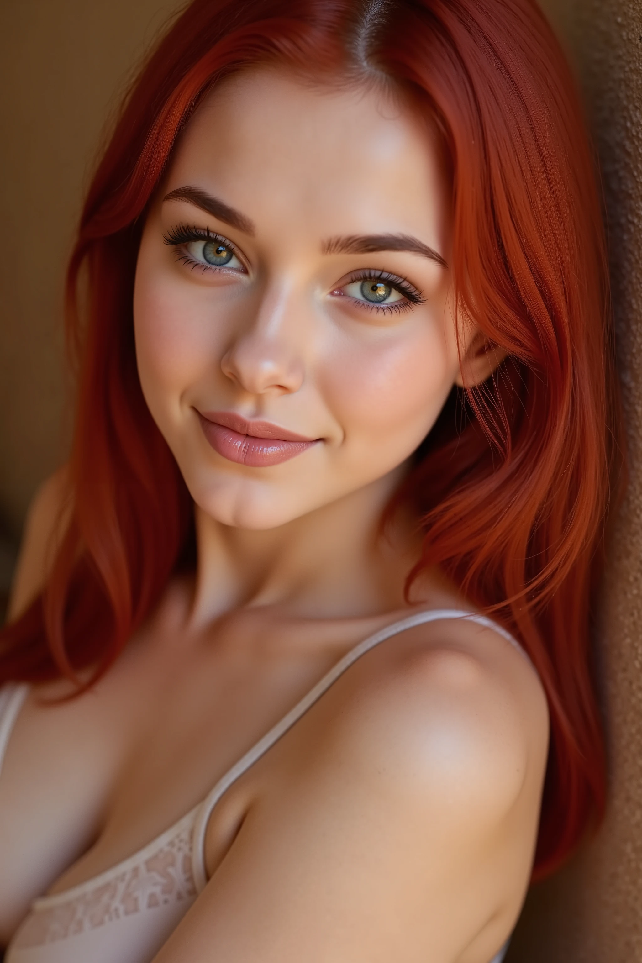Red-haired girl stands and looks at the camera. There is a slight smile on the face . eyes look right at the camera . shoulder photo . hair is long and loose